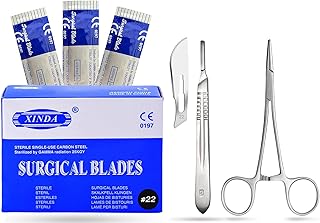 MuskalMed Dermaplaning Cleaning Kit - 100 Scalpel Blades No.22 with Metal Scalpel Handle No.4, and Hemostat Blade Removal â€“ Sterile & Individually Foil Wrapped â€“ Suitable for Dermaplaning and More