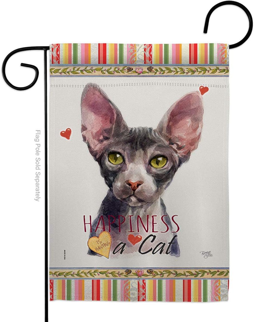 Sphynx Happiness Garden Flag Set with Stand Animals Cat Kitten Meow Spoiled Paw Fur Pet Nature Farm Animal Creature Small Decorative Gift Yard House Banner Double-Sided Made In USA 13 X 18.5