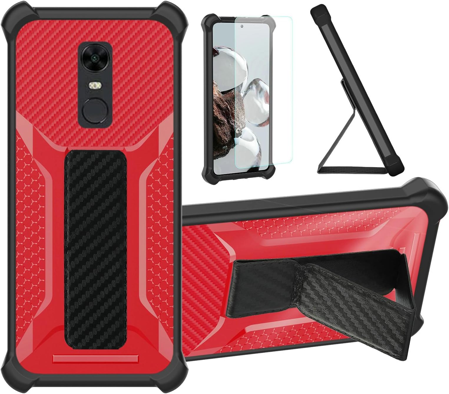 Case for Redmi 5 Plus Phone Case Stand Cover [with Tempered Glass Screen Protector] Hybrid Case [Folding Support Magnetic] [Frosted Anti-Fingerprint] Red