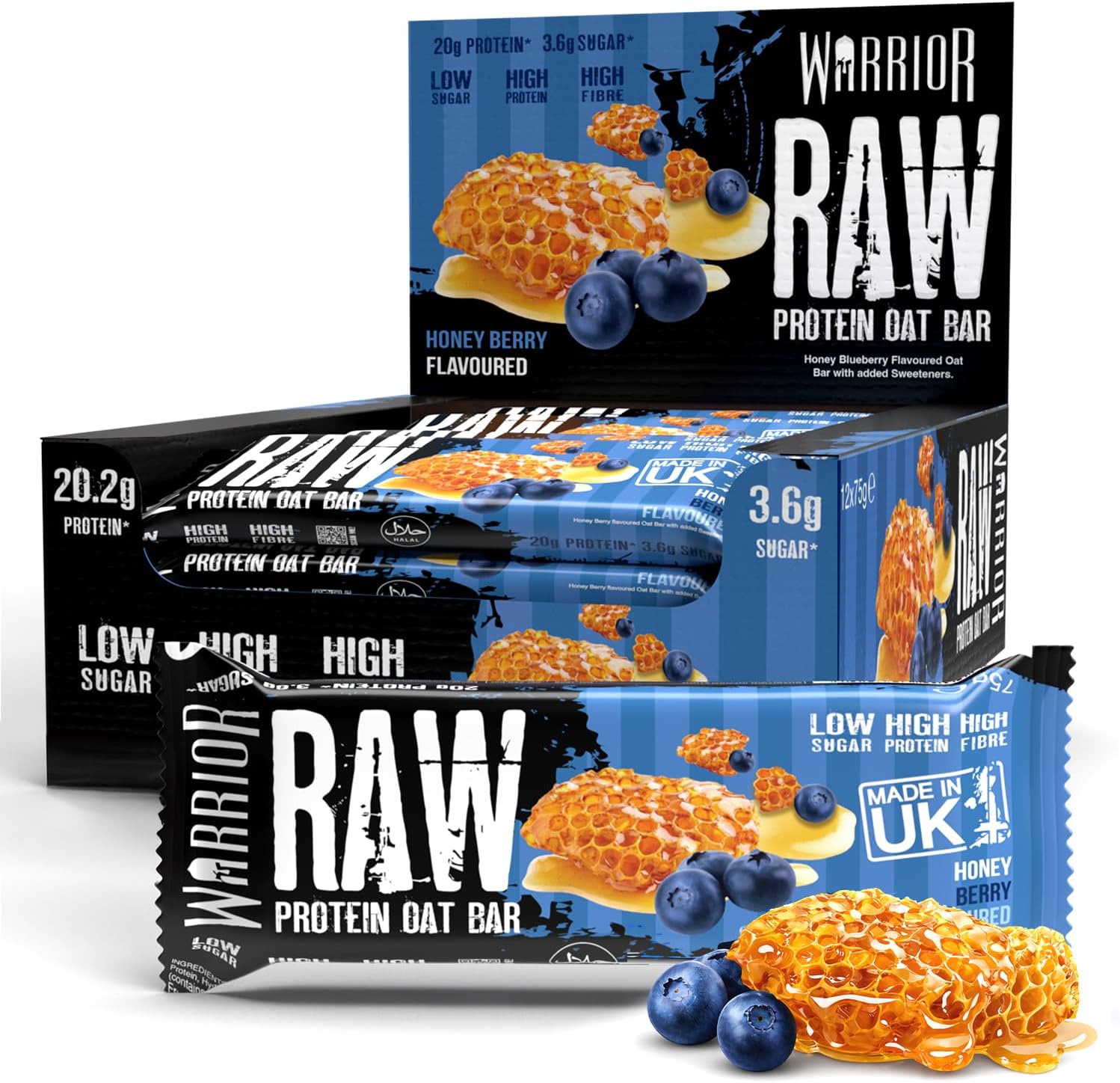 Warrior RAW Protein Bars 12 x 75g – 20g High Protein Bar, Low Sugar High Fibre Oat Protein Flapjack – Protein Snacks, Meal Replacement Bars (Honey Berry)
