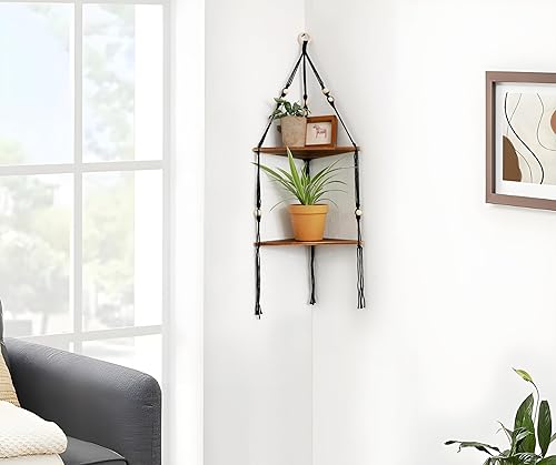 Miniatura 5 de Artilady Estante de esquina negro para colgar en la pared, estantes flotantes de madera de 2 niveles, estante de pared rústico bohemio para
