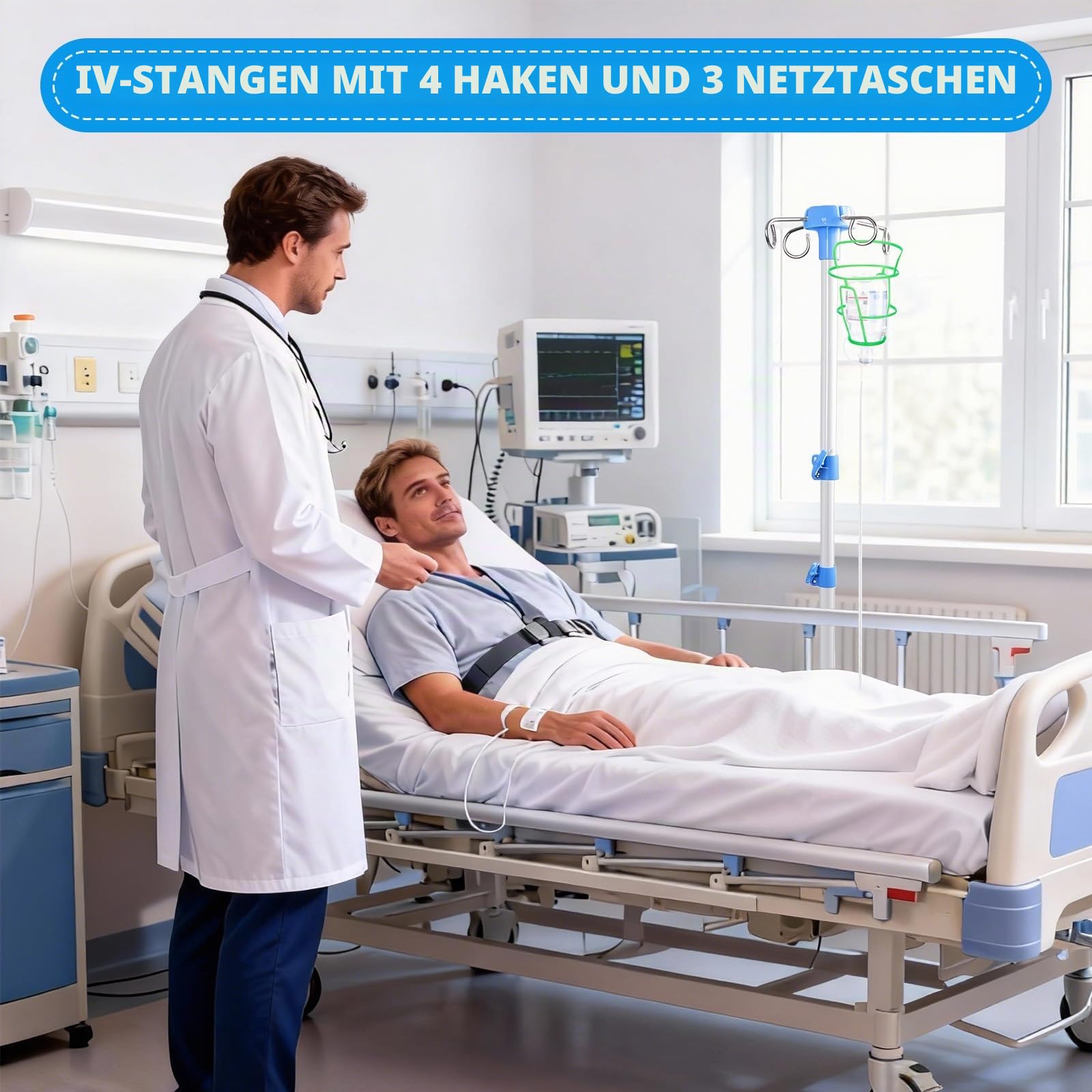 Klappbar Infusionsständer mit 4 Haken und 3 Netzbeuteln IV Ständer Höhenverstellbar von 70-210 cm Tragbarer Aluminiumlegierung Infusion Halterung für Zuhause Pflegeheime Klinikum, Weiß