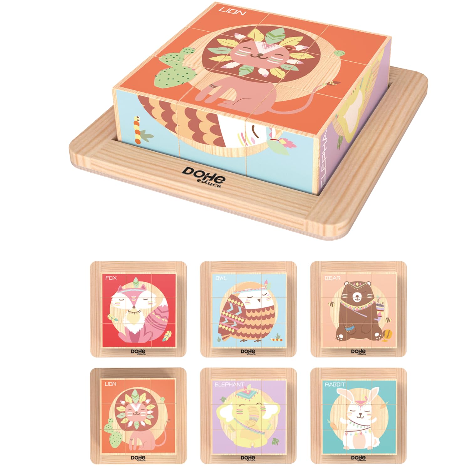 Dohe Educa - 3D Puzzles Wooden Cubes (6 pcs.) - 9 Blocks per Puzzle and Base, Animal Theme, Children's Puzzle, Montessori Method Toy, School and Educational Supplies