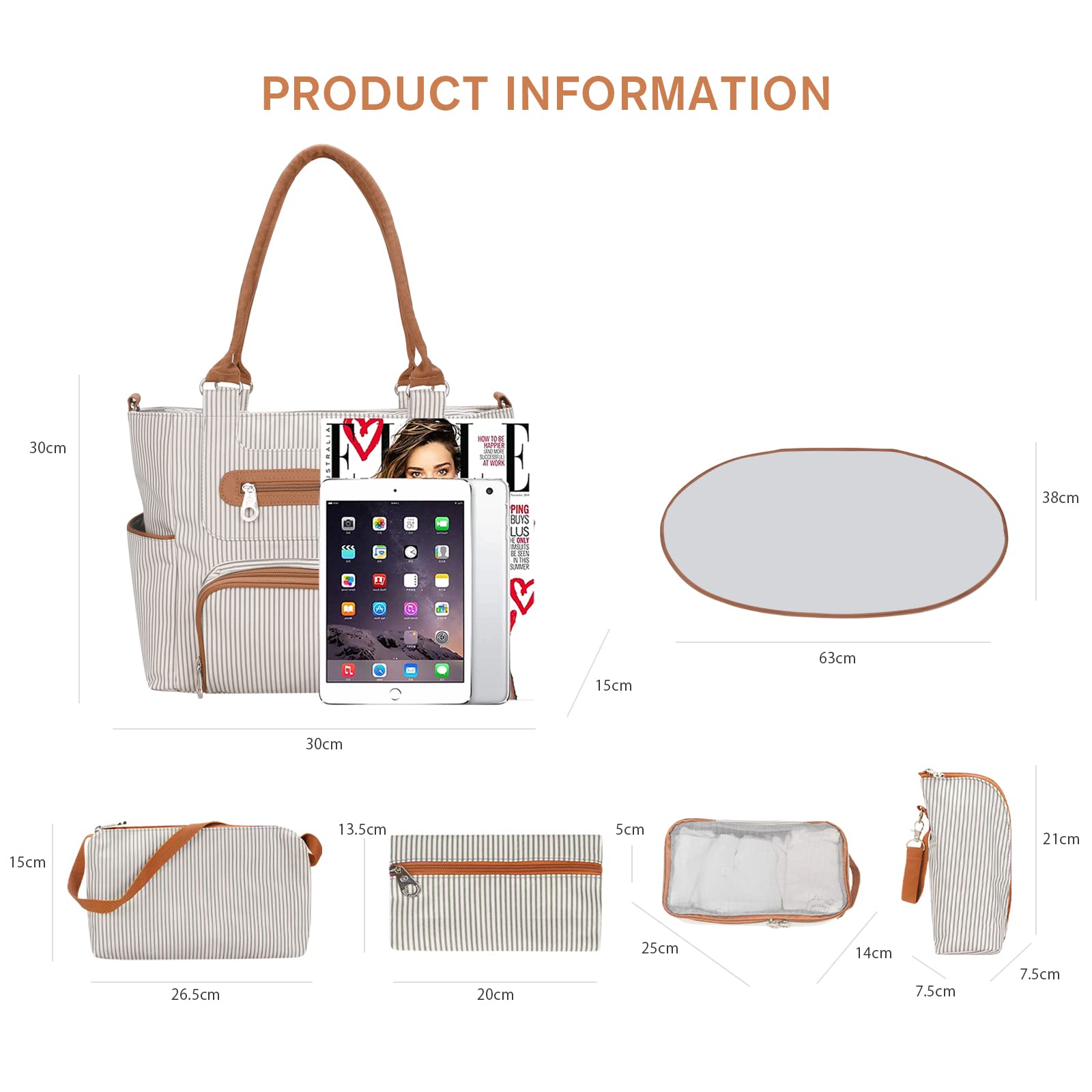 SONARIN 7er-Set Baby Wickeltasche,Multifunktionale Babytasche Mutter Windeltasche Reise Umhängetasche Tragetasche Handtasche mit Flaschentasche Wickelunterlage & Kinderwagen Haken(Khaki)