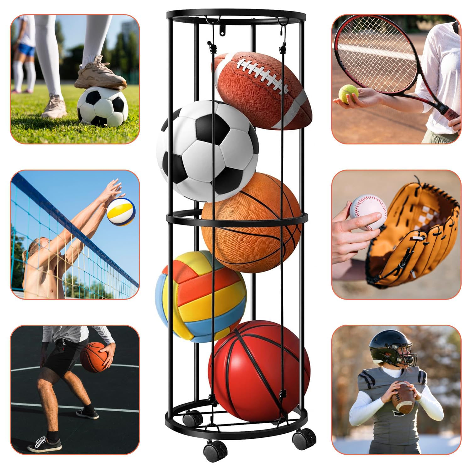 Soporte vertical para pelotas con ruedas, jaula de almacenamiento montada en la pared, estantería para baloncesto, fútbol y voleibol
