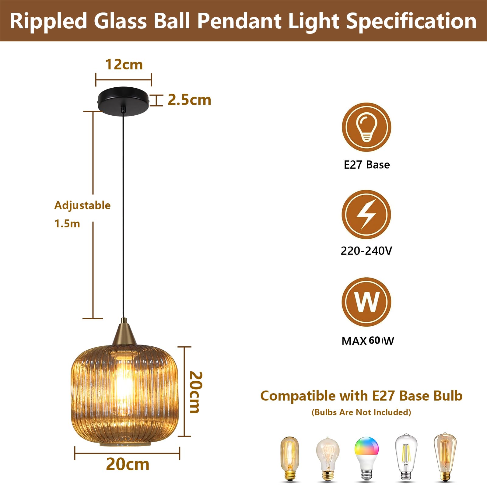 Bernstein Rillenglas Pendelleuchte Ø20cm | Modern, Vintage, Retro