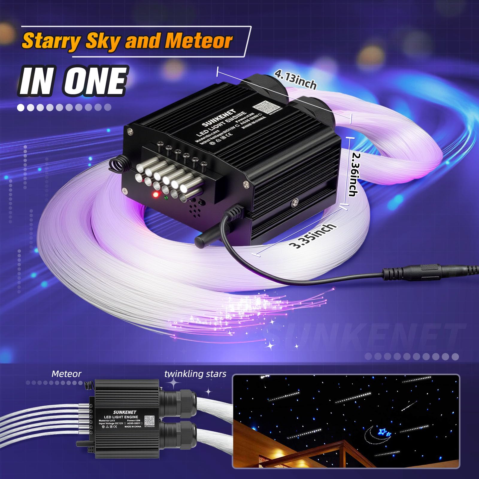 18W Twinkle&Meteor 2-in-1 RGBW Ciel Etoile Voiture, 1000pcs*0.75mm*3m+Shooting Star Light Kit avec Bluetooth/Télécommande, Fibre Optique Lumineuse+Adaptateur+Prise pour Voiture/Maison