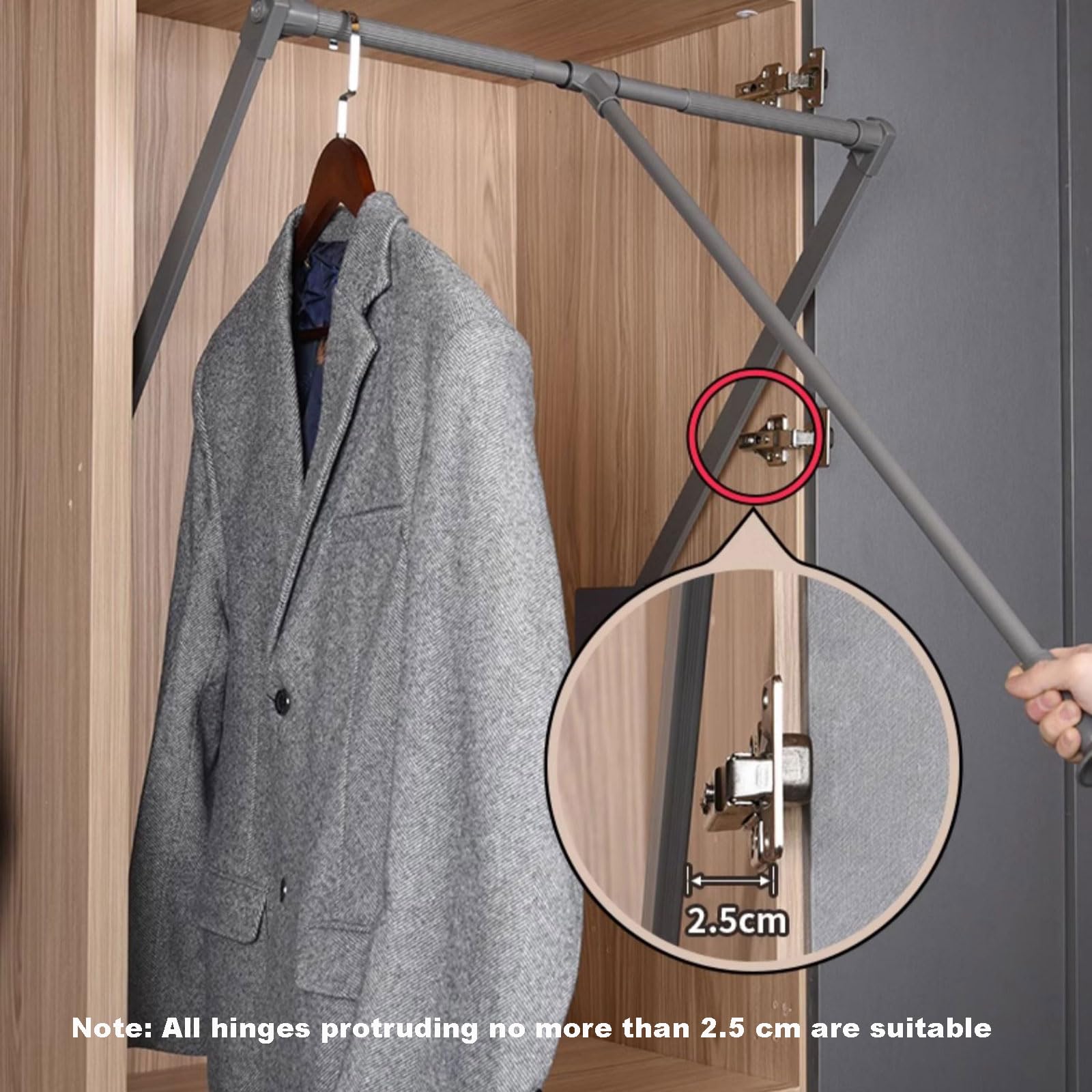 Wysuwany drążek na ubrania do szafy z miękkim powrotnym podwójnym amortyzatorem buforowym oszczędzający pracę design szary 510 660 mm (S)