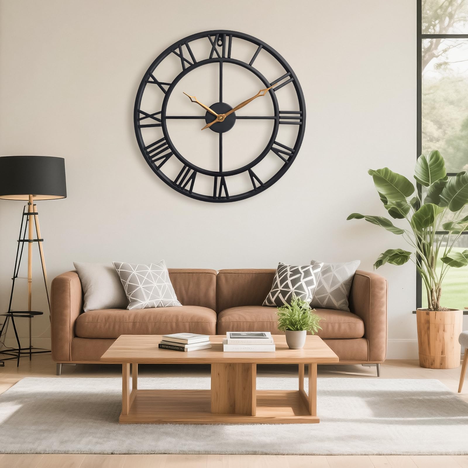 Reloj de pared grande, redondo, silencioso, industrial, vintage, de metal negro, estilo rústico, con grandes números romanos