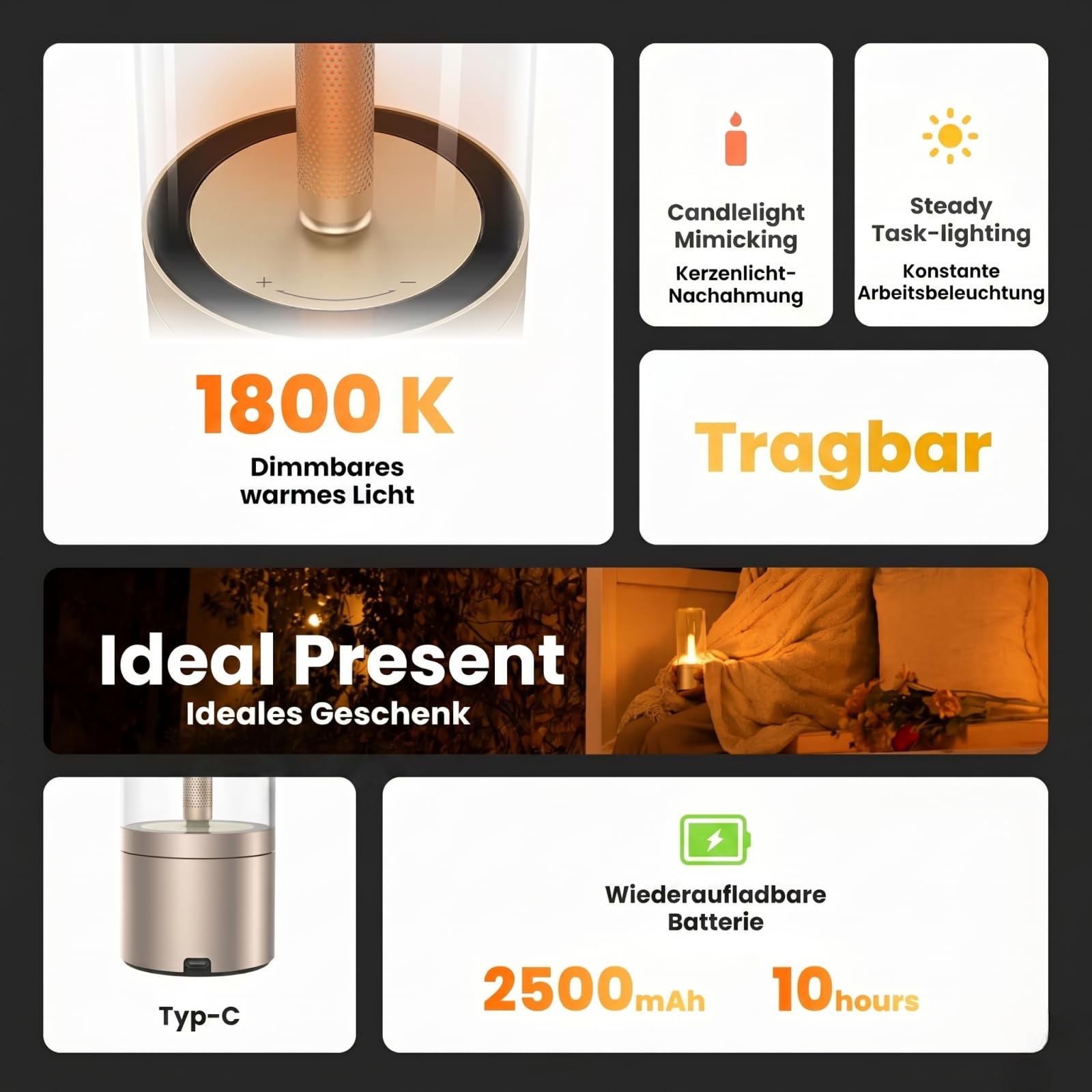 YEELIGHT Akku Tischlampe Kabellos, LED Nachttischlampe Dimmbar 1800K, Wiederaufladbare Tischleuchte mit Kerzenlicht-Atmung, Tragbare USB-C Batterielampe für Schlafzimmer, Wohnzimmer, Esstisch, Deko