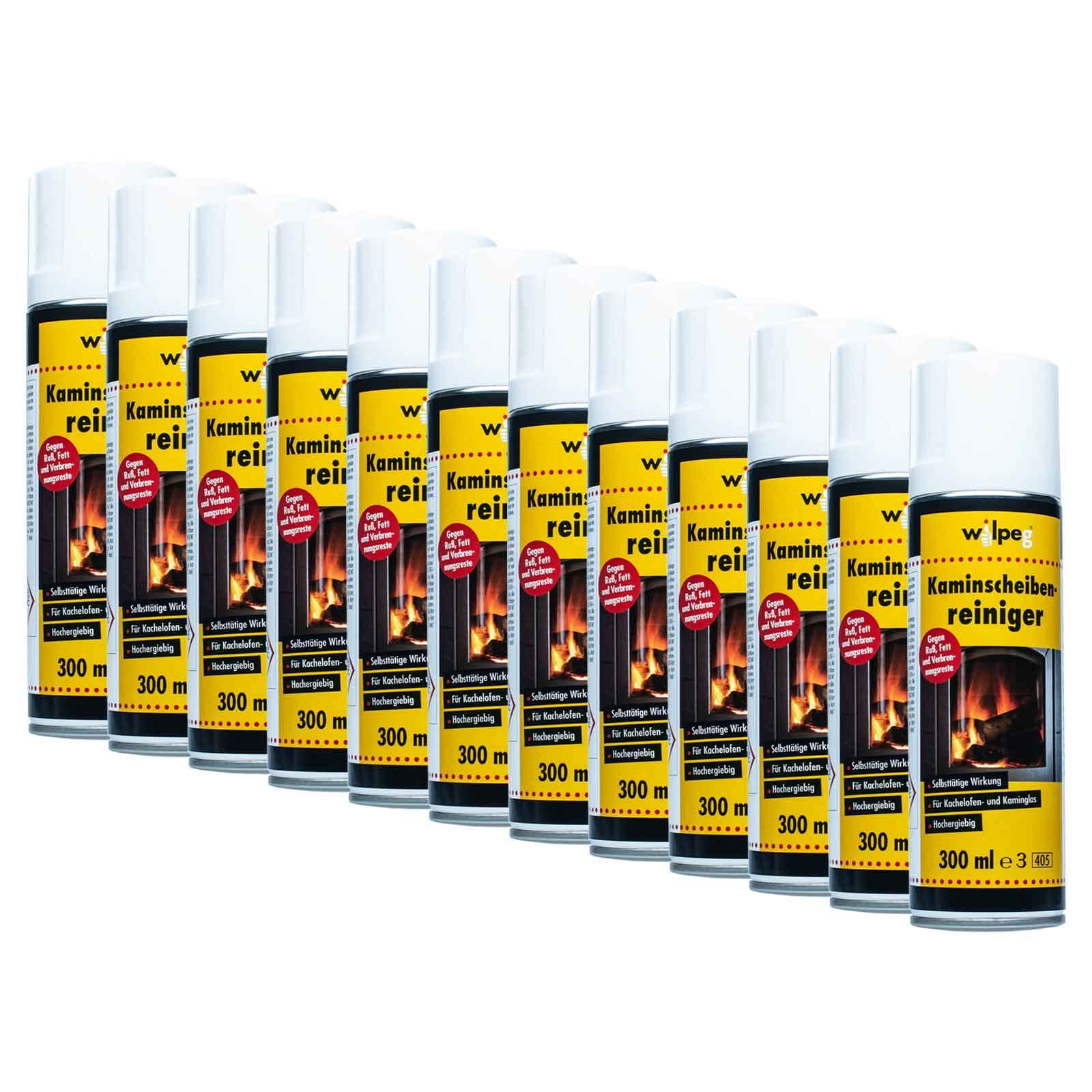 WILPEG Kaminscheibenreiniger 12er Set | 300ml Aktivschaum gegen Ruß & Fett | Glasreiniger für Kamin, Ofen oder Grill | Kraftvolle Reinigung von Metall & Kunststoff | 10 m² Reichweite pro Sprühdose