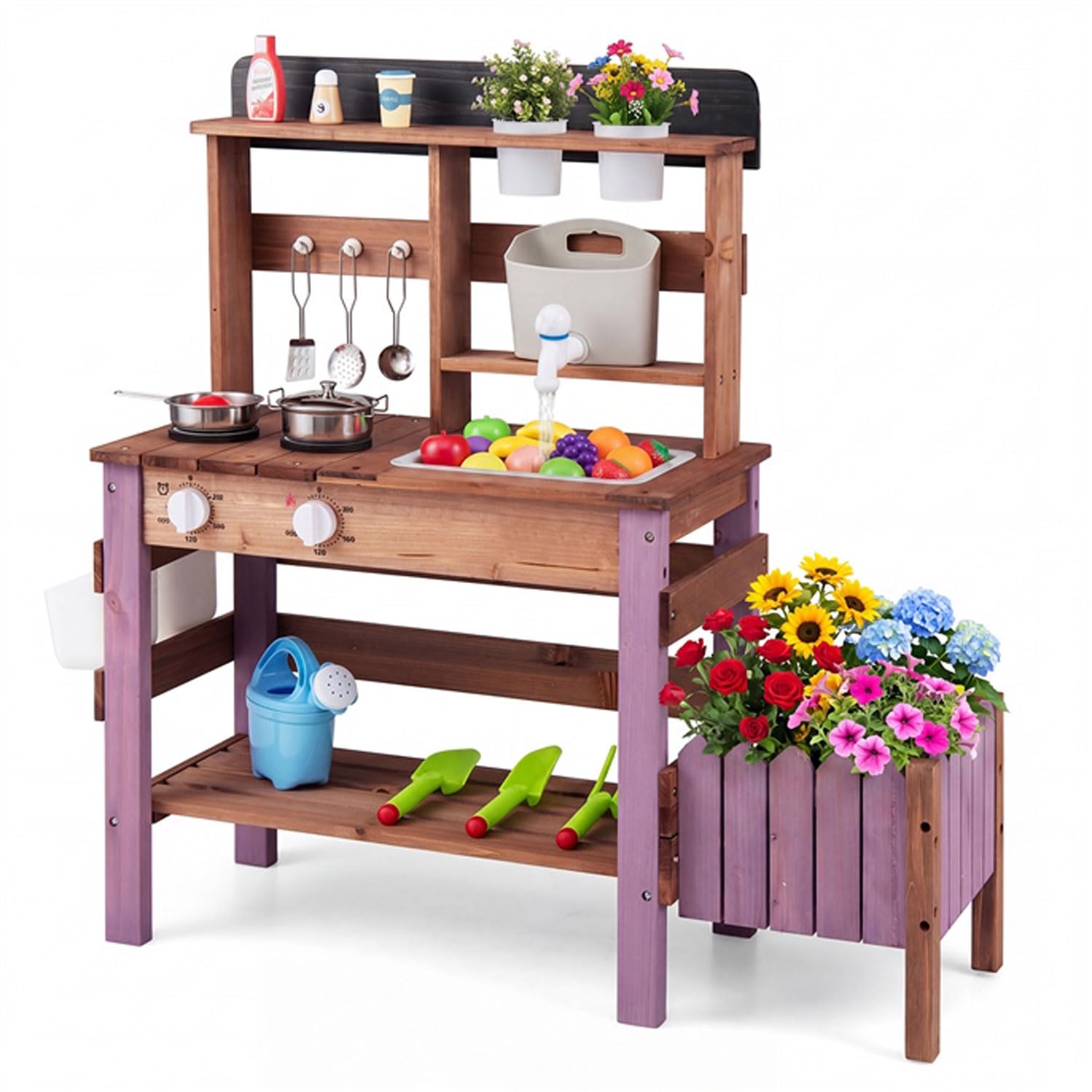 DREAMADE Matschküche Holz mit Pflanzkasten, Spüle & Wasserhahn | Spielküche mit Blumentopf, Kinderküche mit 15 Teilen Zubehör, Gartenspielküche, Holzküche für Kinder ab 3 Jahren, Violett