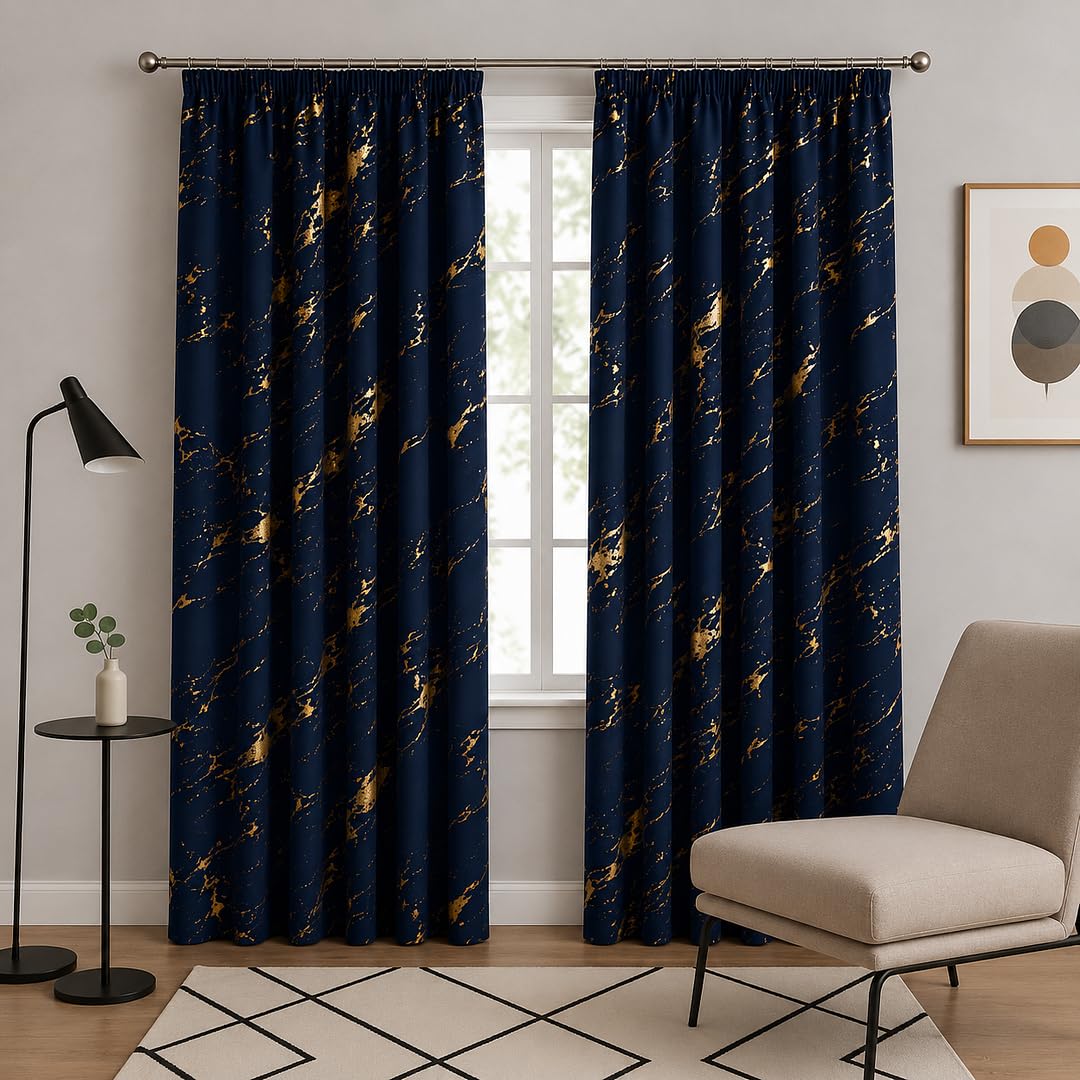 John Aird Blackout Curtains Pencil Pleat 3" Tape Top Gold Foil Marble Effect On Navy Thermal Curtain (Navy, 90" Width x 54" Drop)