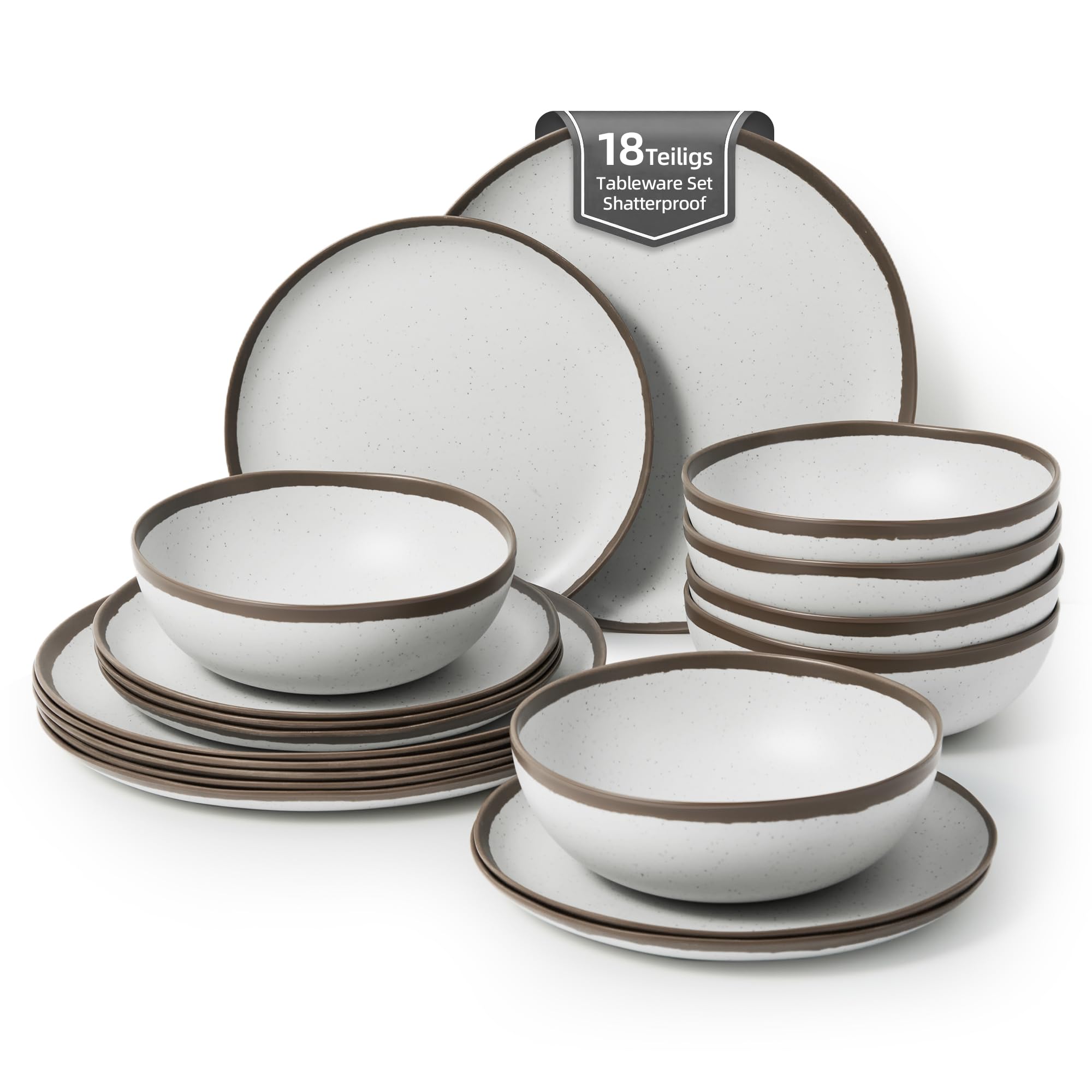 Melamin Geschirr Set 6 Personen,Camping Teller Set, Spülmaschinenfest Essgeschirr Set, Ideal für Outdoor,Wohnwagen & Gartenparty (Brauner Rand)