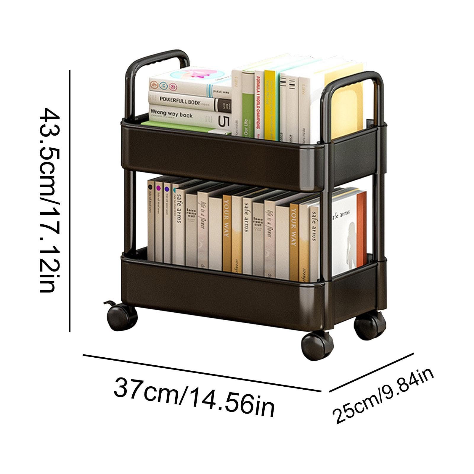 Rollwagen mit 2 Etagen, Rollwagen auf Rädern, 2-stöckiger Mehrzweckwagen, 2-stöckiger Rollwagen, Bücherwagen, bewegliches Bücherregal mit Rollen, mobiler Buchwagen, Organizer, Bücherregale