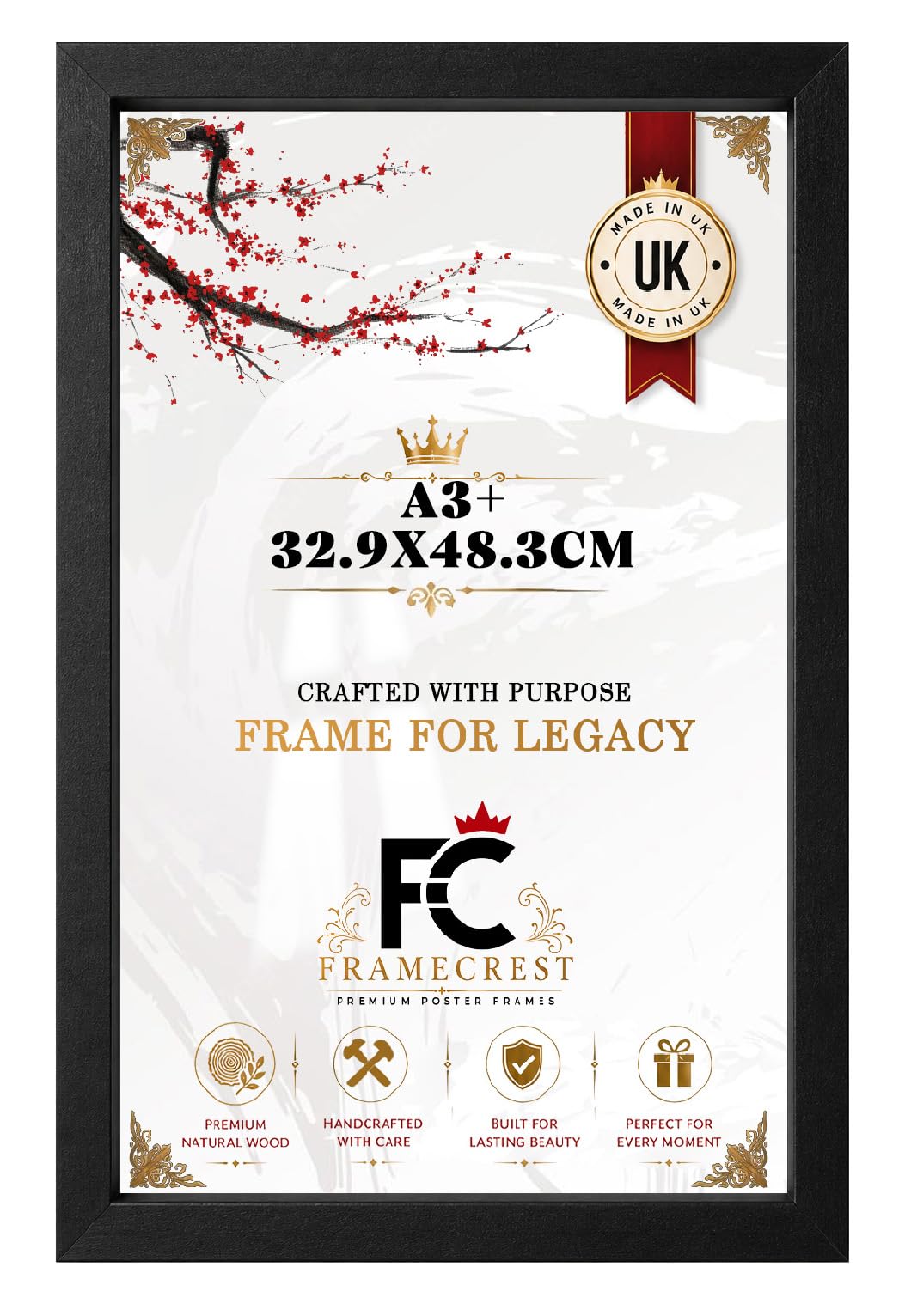 FRAMECREST Flat Profile Large A3+ 32.9x48.3cm Poster Frame Eton Wood Perfect for Wall Gallery, Living Room & Wall Hanging Mount Poster Picture-[Matt Black]