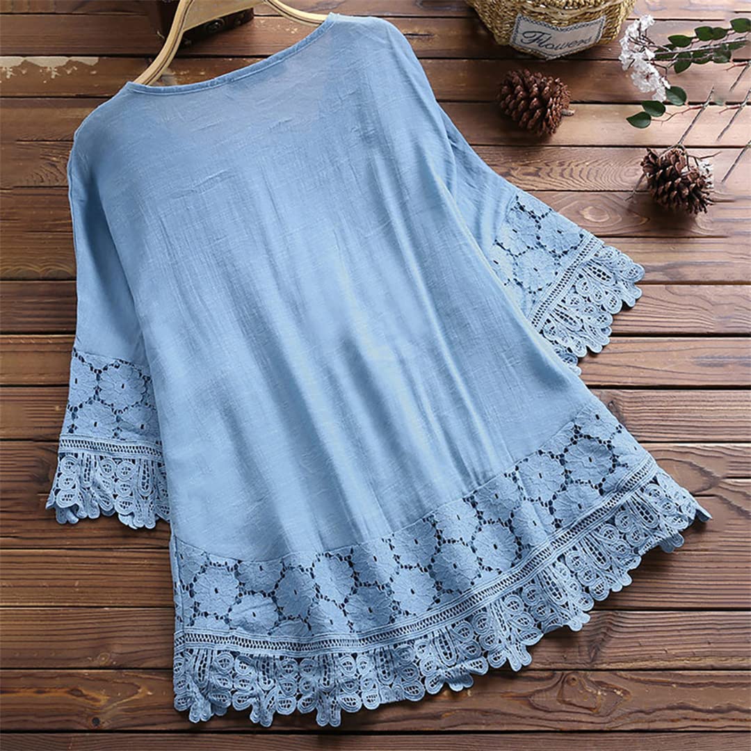 Camicetta da Donna in Pizzo con Scollo a V e Maniche a 3/4 Camicie estive in Lino Patchwork Vintage Casual Top a Tunica Larga 1-Blue L