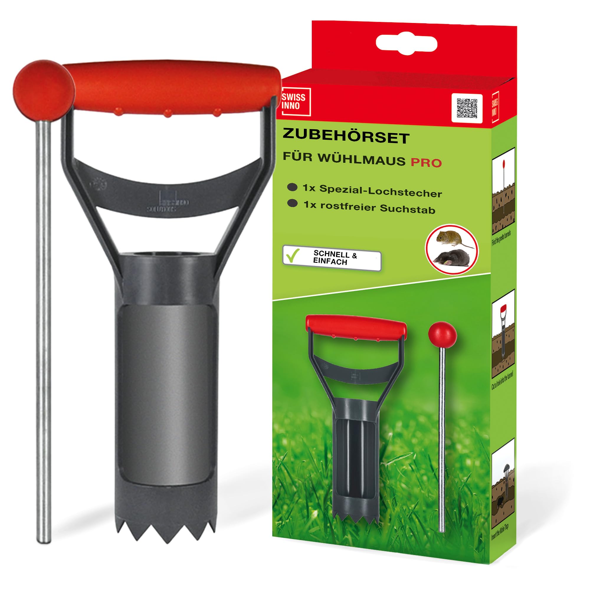 SWISSINNO Zubehör-Set für Wühlmaus-Falle: 25cm rostfreier Suchstab, 6cm Spezial-Lochstecher mit Kunststoffgehäuse, Europäisches Design, einfach zu bedienen - 1 Zubehörset