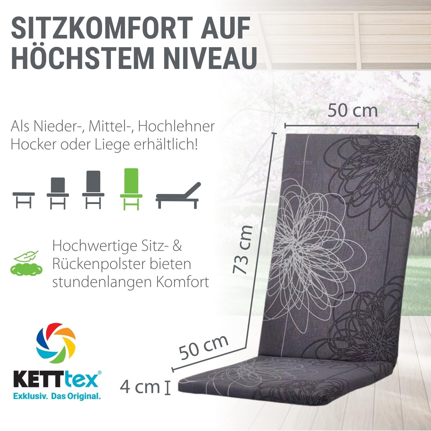 Auflage Hochlehner anthrazit floral I Gartenstuhl Polster 123x50x4cm I hochwertige & Pflegeleichte Sesselauflage I Wetter- & formbeständige Stuhlauflage I KTH2 Sitzauflage