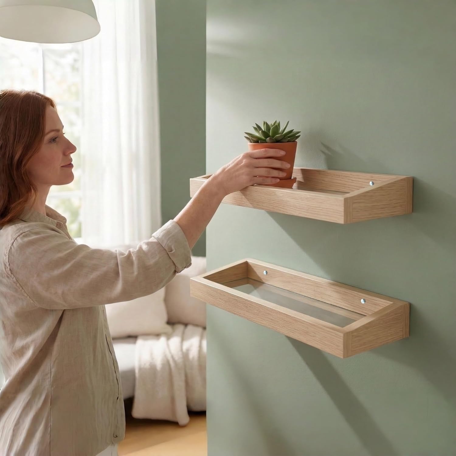 Floating Shelves Set of 2, Wall Mounted Wood and Acrylic Shelves for Bathroom Storage Decor, Bedroom Kitchen Living Room