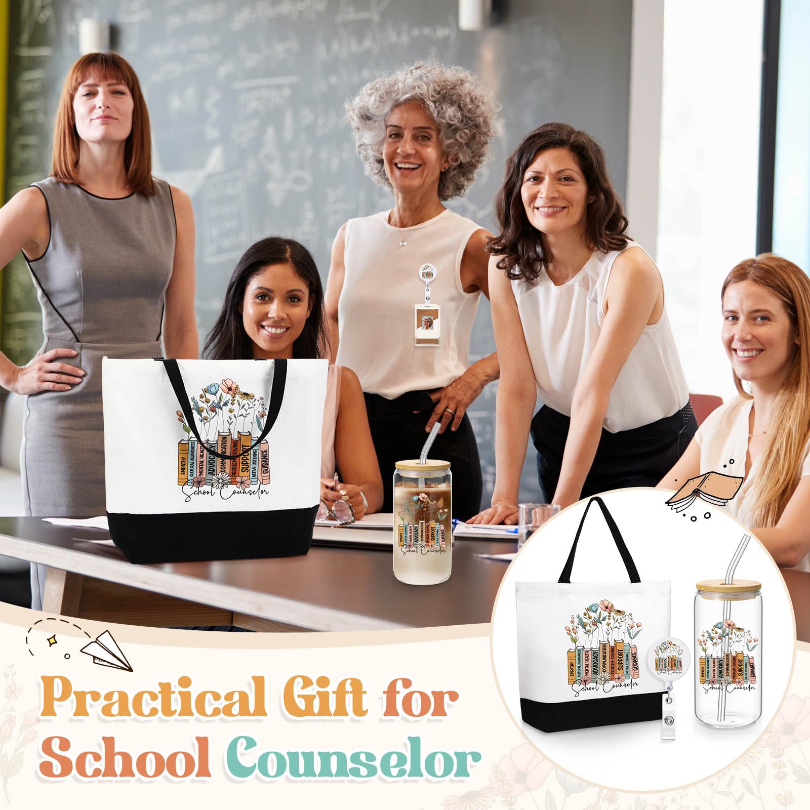 Vesici 3 Pcs School Counselor Teacher Appreciation Gifts for Women, 16 oz Glass Cup Large Canvas Tote Bag with Retractable Badge Reel Teacher Appreciation Week Gifts for Instructor Graduation Favors