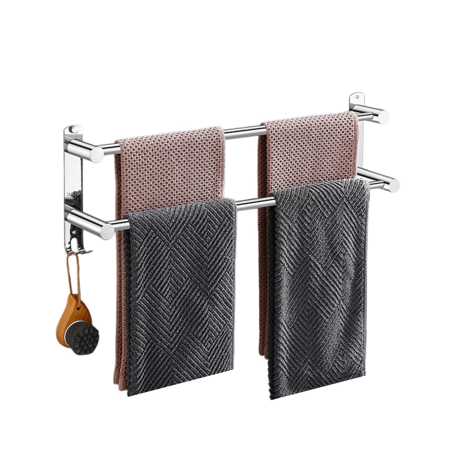 Adjustable Double Towel Rails, Bathroom Towel Racks No Drill Towel Rack Stainless Steel Wall for Bathroom Kitchen Wall with 2 Hooks for Bathroom Kitchen