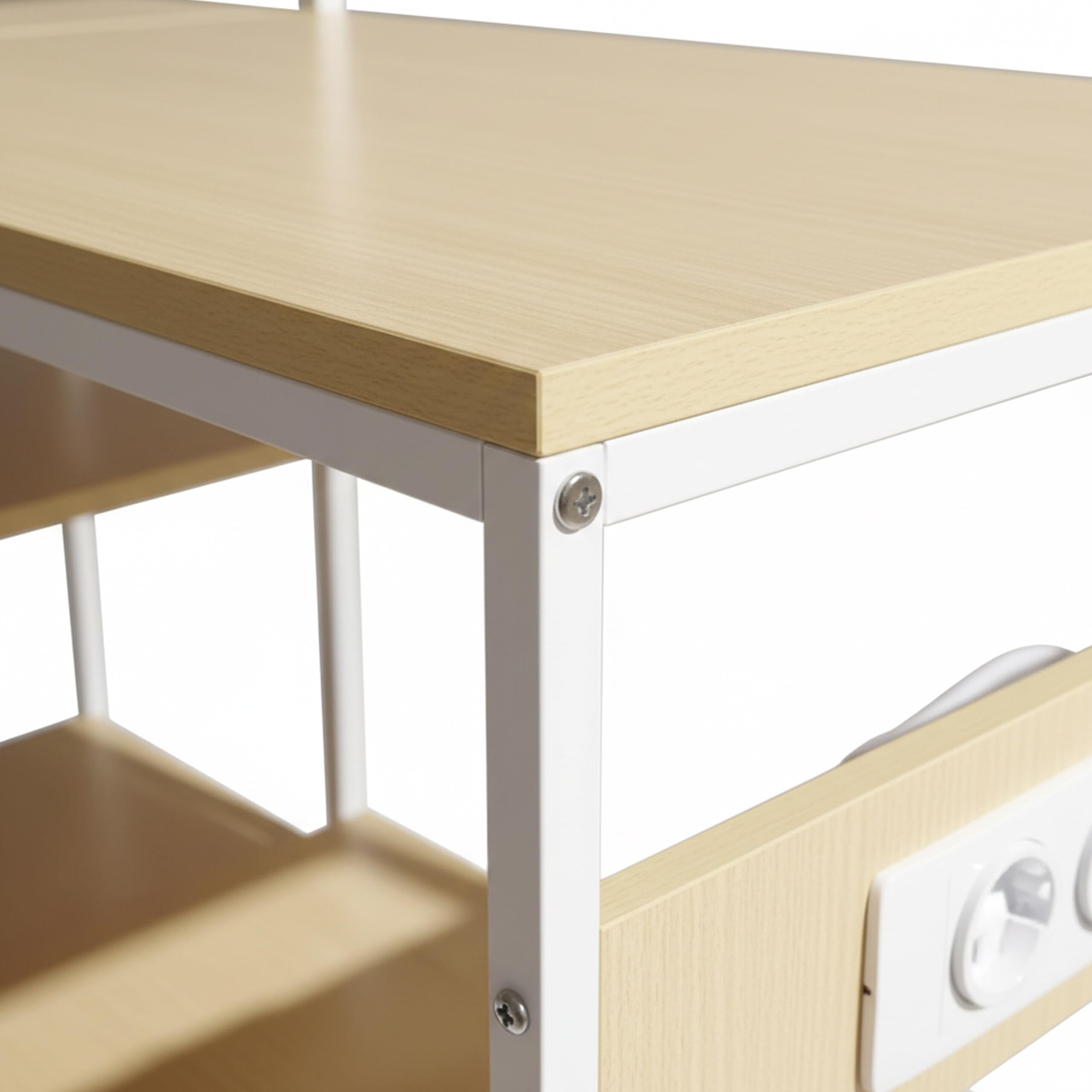Relaxdays Étagère Cuisine avec Prise & USB, 151x82x40 cm, pour Micro-Ondes, Effet Bois, métal, Naturel/Blanc