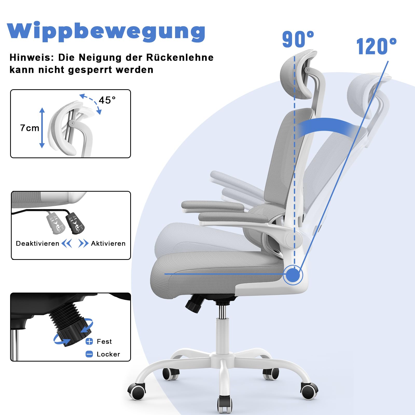 naspaluro Bürostuhl, Ergonomischer Schreibtischstuhl mit Verstellbarer Kopfstütze, Armlehnen, Dynamischer Lordosenstütze, Drehstuhl mit Atmungsaktivem Netzbezug für das Home Office, Hellgrau