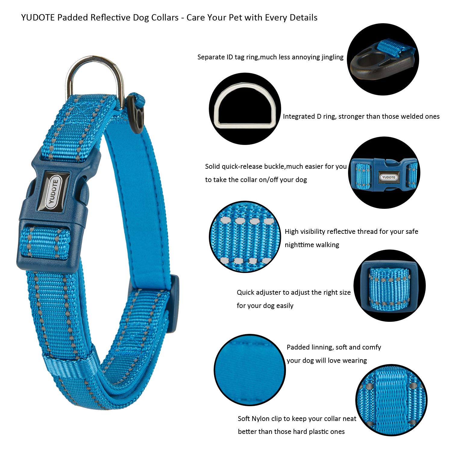 YUDOTE Collare per cani medio e resistente tessuto in nylon riflettente con fodera imbottita in neoprene morbido e confortevole per cani di medio Uso quotidiano,Blu Reale