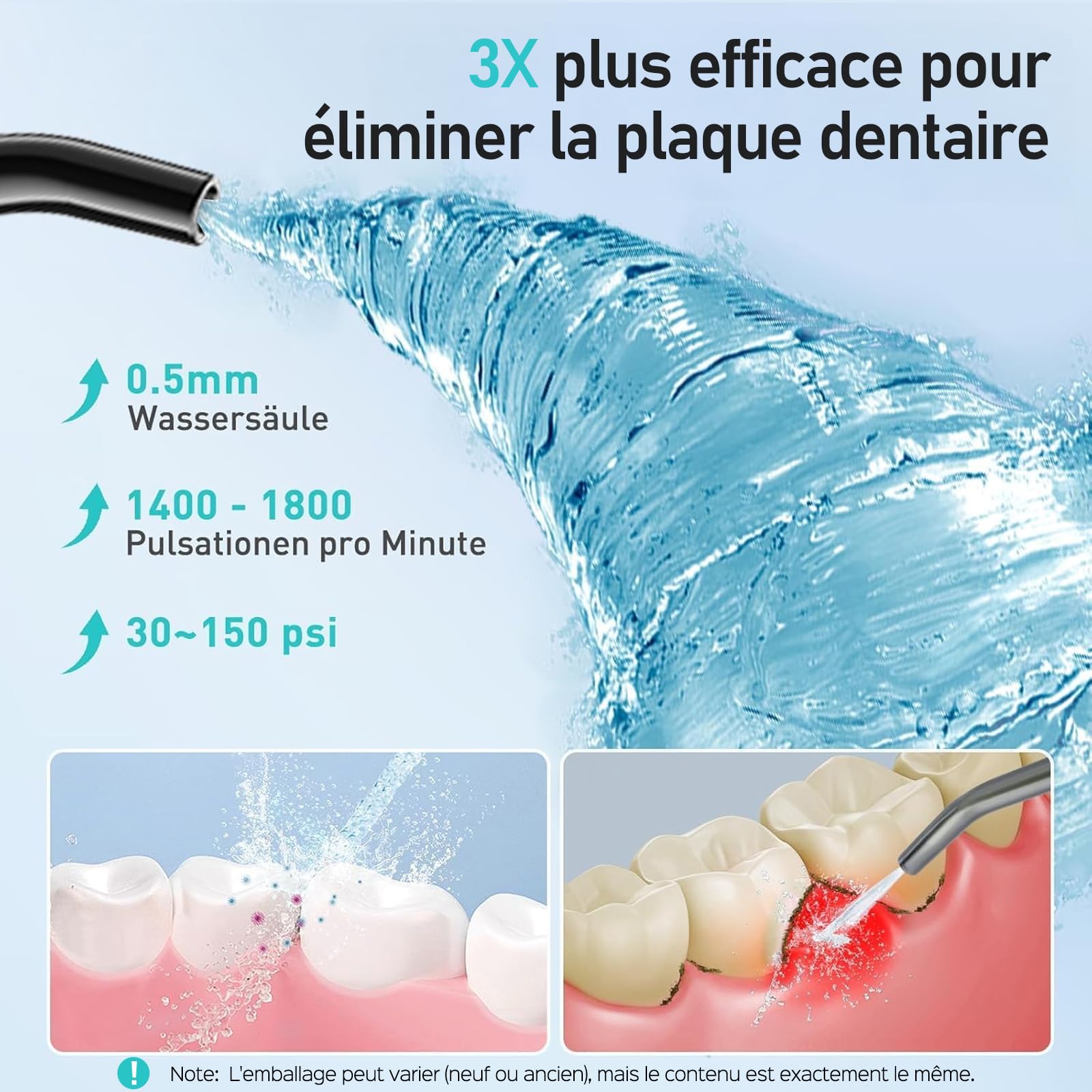COSLUS Hydropulseur jet Dentaire Portable: 4 Modes Hydropulseur et Irrigateurs Oral, Réservoir d'eau 300 ml Vainqueur du Test, Rechargeable et Étanche IPX7, Noir Brillant, C30