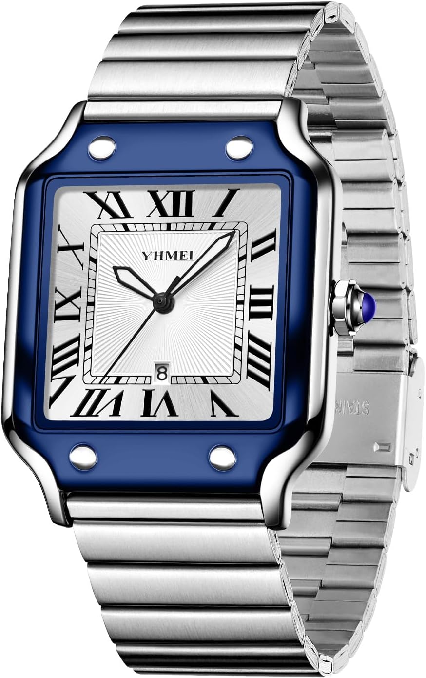 CARLIEN Unisex Classic Square Roman Numerals Silver Analog Waterproof Watches for Women Men Stainless Steel Strap Date Display Casual Wristwatch