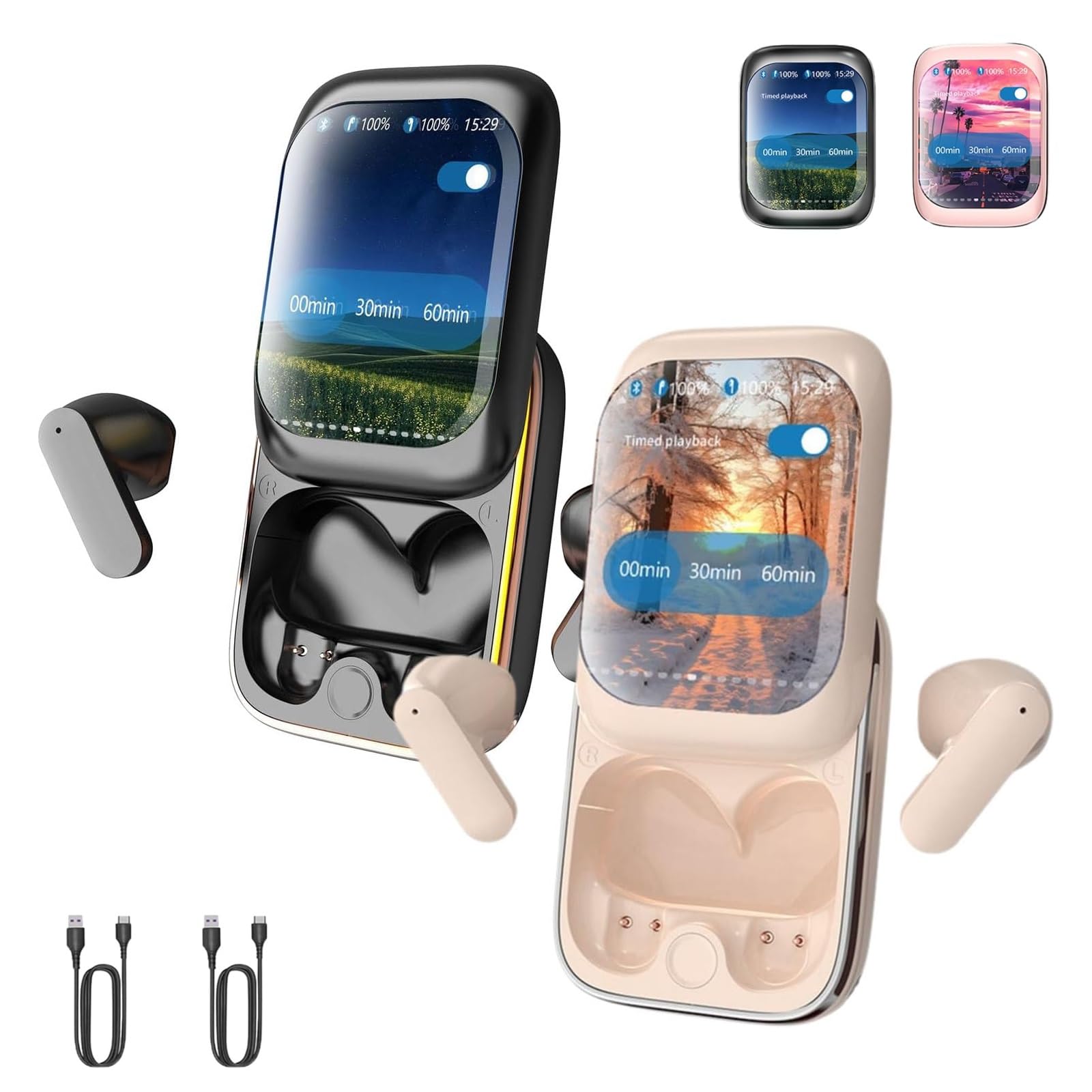 2024 New Intelligent Full-Color Touch Screen Slider Earphones, Touch Screen Earbuds, Slide Tws Earphones Wireless Bluetooth 5.3, With Music/Game Modes (Black+Pink)