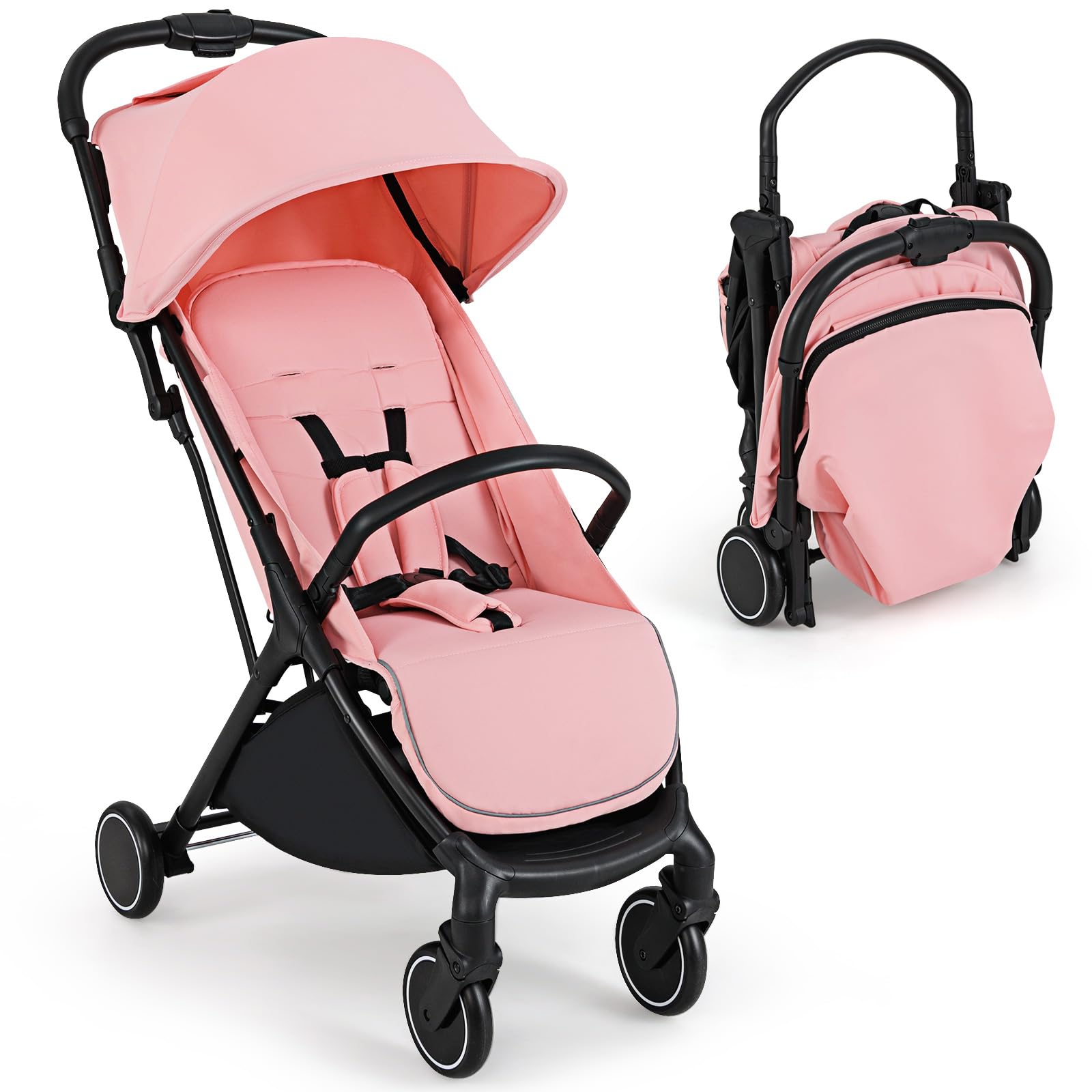 COSTWAY Poussette Canne Bébé 0-3 Ans(Charge 15 kg) avec Dossier & Repose-pieds Réglables, Pliable à une Main, Pousette Légère et Compacte en Aluminium avec Auvent & Frein, Harnais à 5 Points, Rose