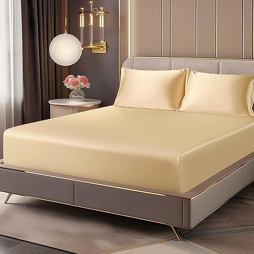 BEDELITE Satin Fitted Sheet and Pillowcase Set, Luxury Soft Similar to Silk Bottom Bedsheet with Elastic Corner Straps, Deep Pocket up to 15 Inch, 1 Fitted Sheet and 1 Pillowcase(Twin, Champagne)