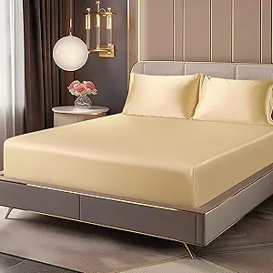 BEDELITE Satin Fitted Sheet and Pillowcase Set, Luxury Soft Similar to Silk Bottom Bedsheet with Elastic Corner Straps, Deep Pocket up to 15 Inch, 1 Fitted Sheet and 1 Pillowcase(Twin, Champagne)