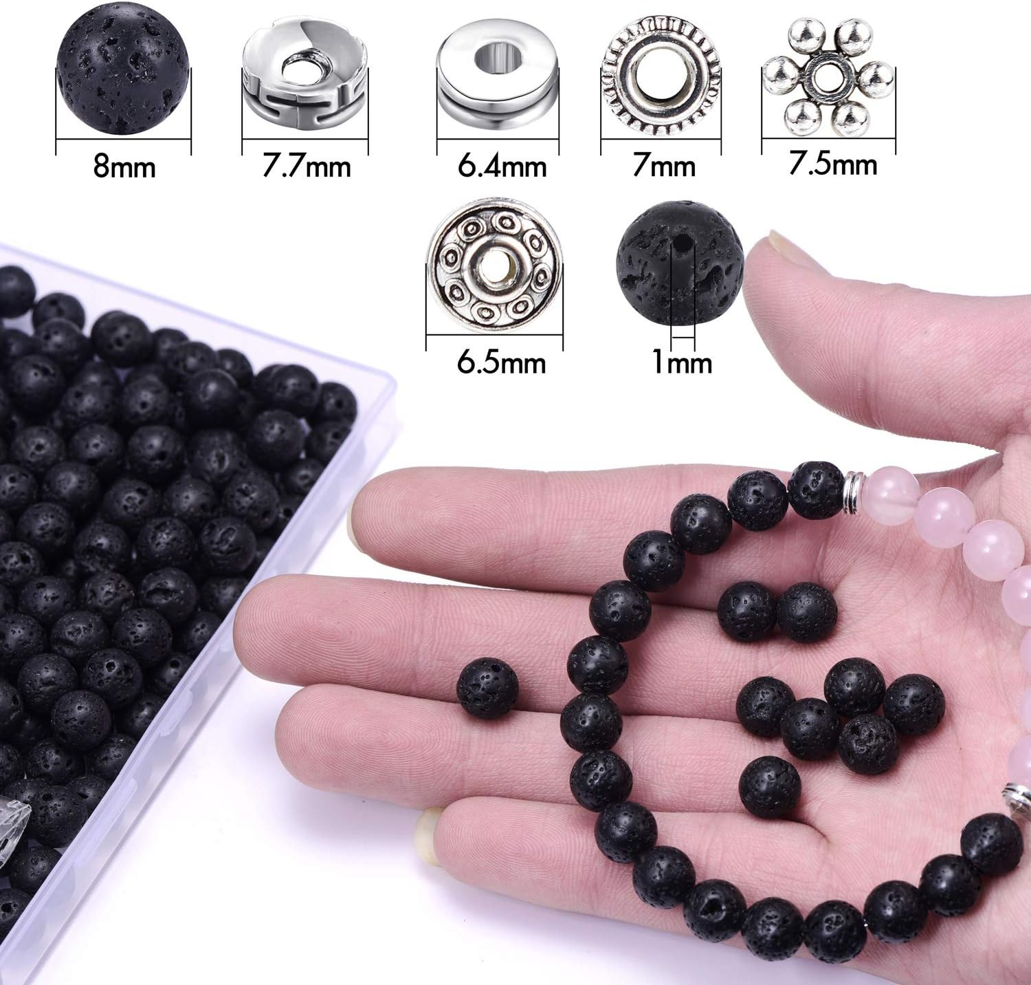 300Pcs Natural Black Lava Stone Beads Gemstone Round Loose Beads with Spacer Beads and Elastic String for Essential Oil Bracelets Jewelry Making - Image 3