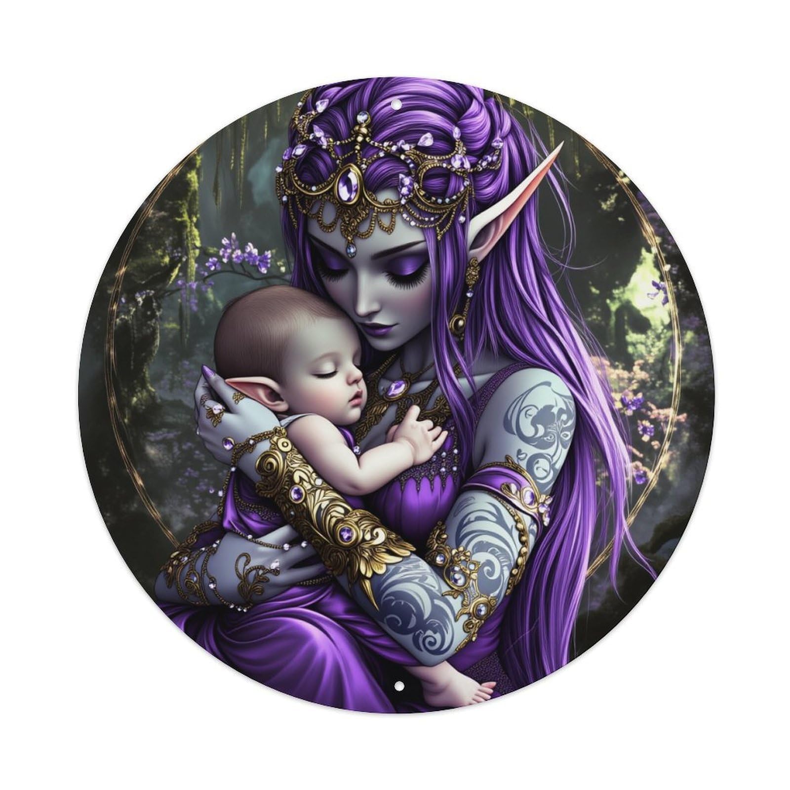 Elven Mother And Child Fantasy Round Tin Sign Vintage Metal Poster, Home Bar Garage Man Cave Cafe Indoor & Outdoor Wall Decoration 8x8Inches