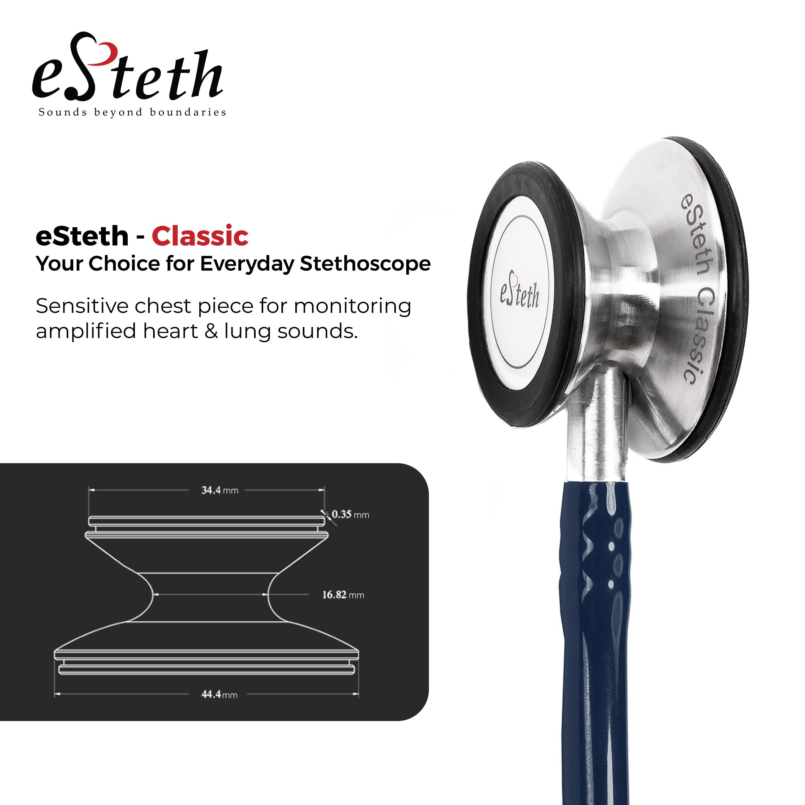 eSteth Classic Stethoscope - Sensitive Chest Piece for Monitoring Amplified Heart & Lung Sounds - Lightweight, Flexible Stethoscope Tubing - Extra Ear Tips & Non-Chill Ring - 32