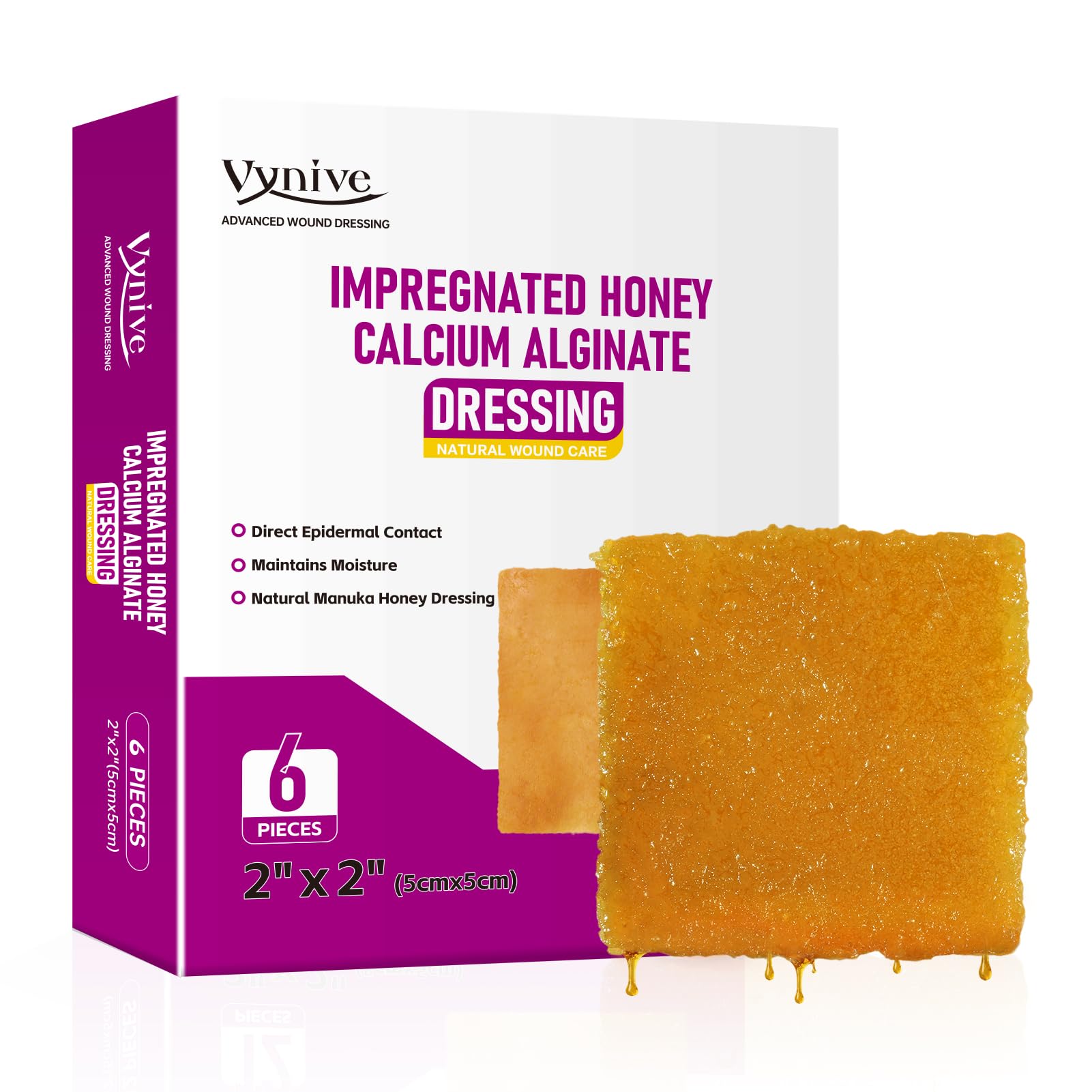 Impregnated Manuka Honey Calcium Alginate Dressing, 2 x 2 in, 6 Pack