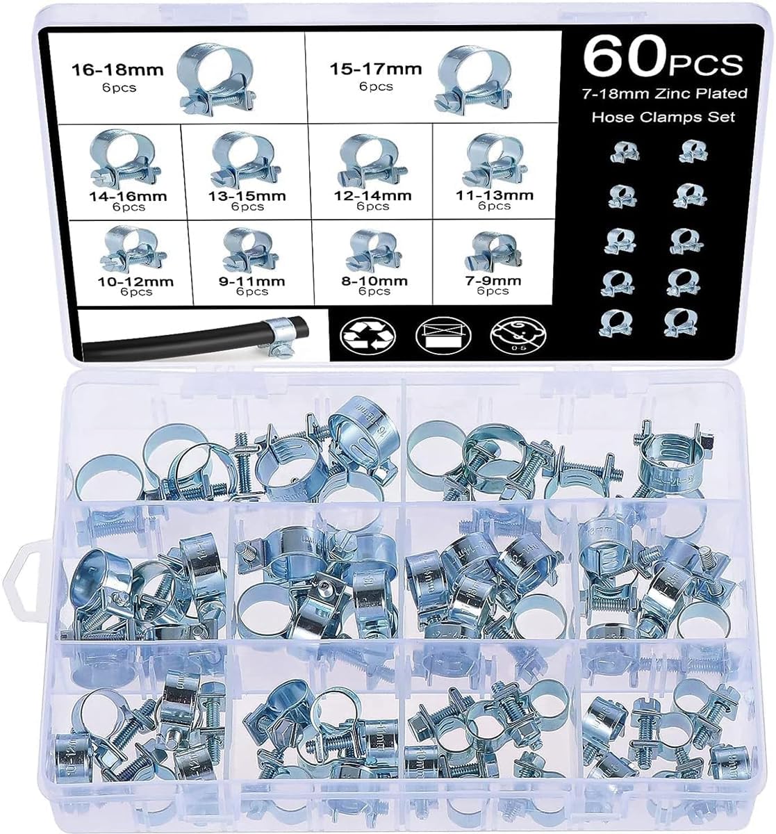 60 Pcs 7-18mm Hose Clamp Set, Fuel Line Hose Clamps, Water Pipe, Air Hose, Mini Galvanized Fittings, Gas Tank Pipe Fixing, Ideal for Plumbing, Automotive and Mechanical Applications