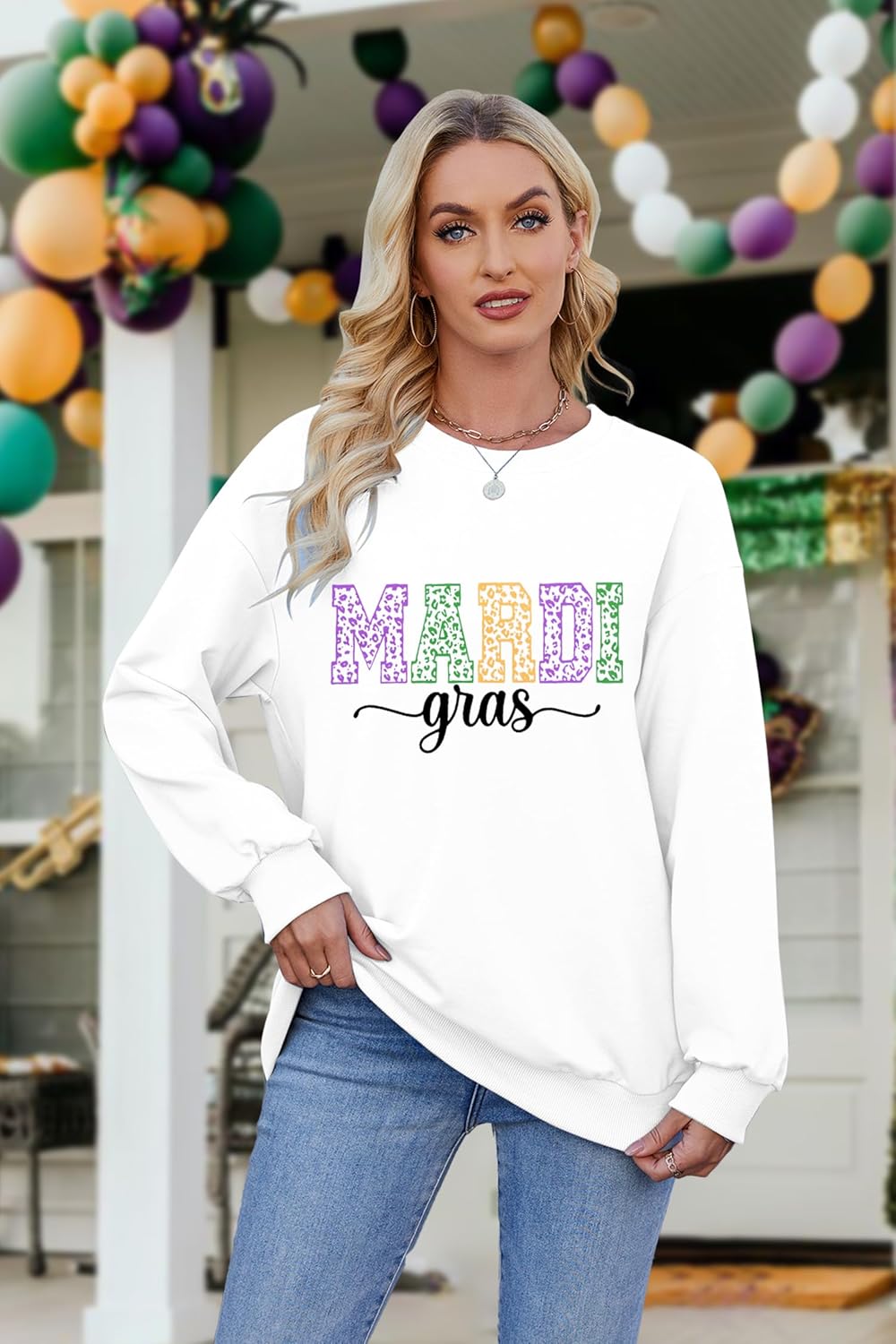 Mardi Gras Sweatshirts for Women Mardi Graphic Long Sleeve Shirts Fat Tuesday Tshirt Carnival Pullover Casual Top - Image 2