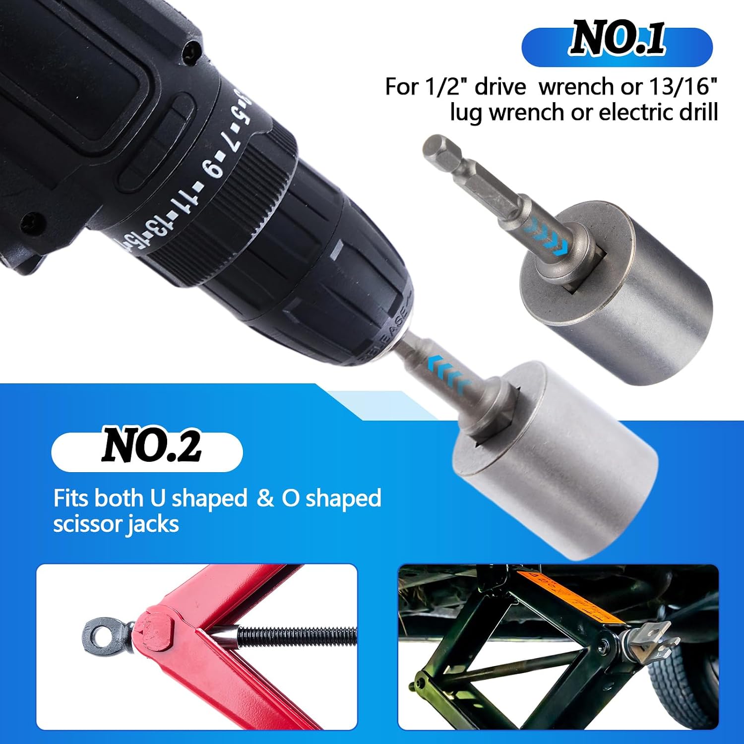 3 Pcs Scissor Jack Adapters Tool Heavy-Duty Universal Jack Socket Adapter for Hand Drill Scissor Car Jacks with a 1/2 in Socket Adapter Bit for 1/2 in Impact Wrench or 13/16 in Lug Wrench