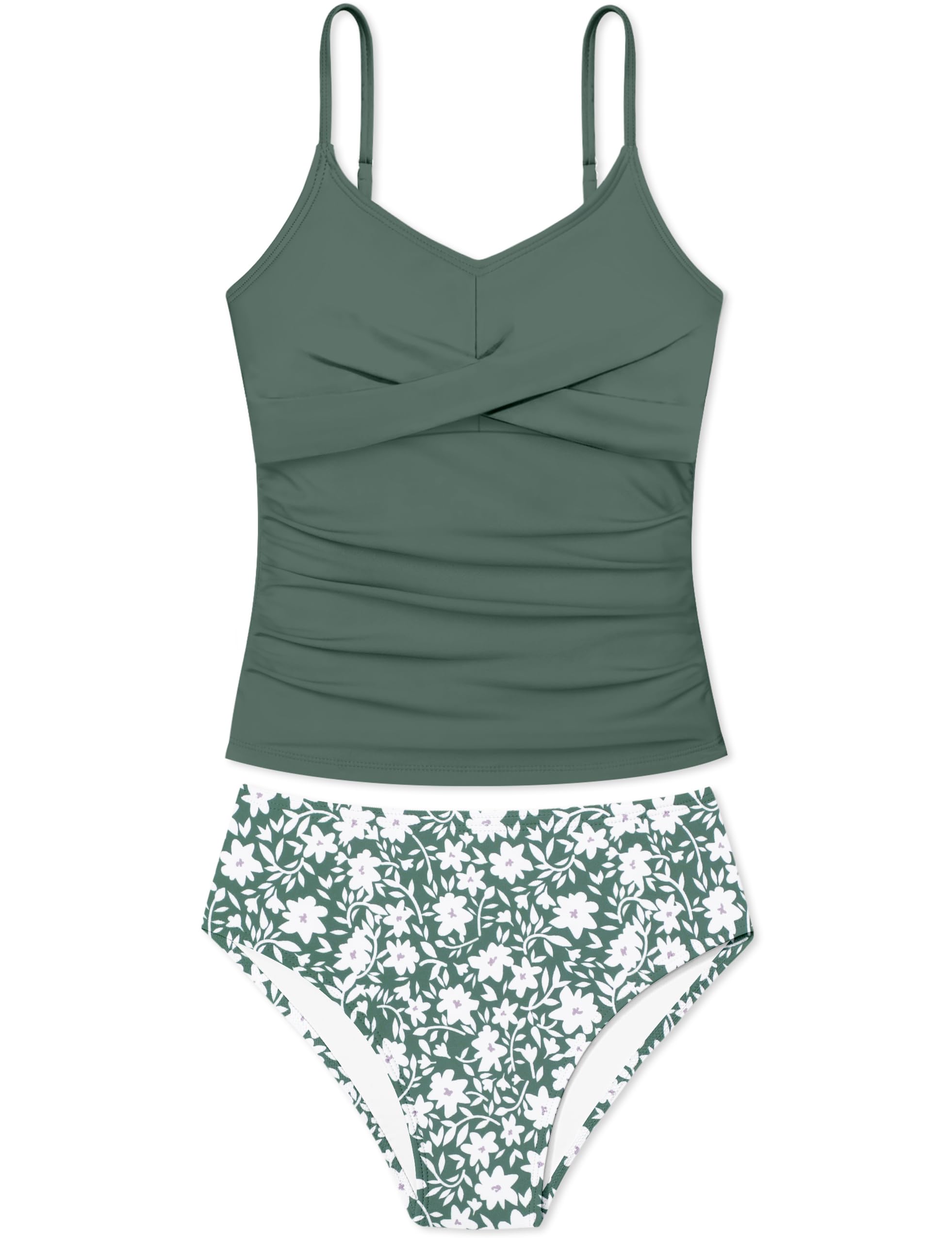 Girls Swimsuit 2 Piece Bathing Suit Criss Cross Ruched Girl Tankini Sets Printed Girls' Swimwear for 9-18 Years