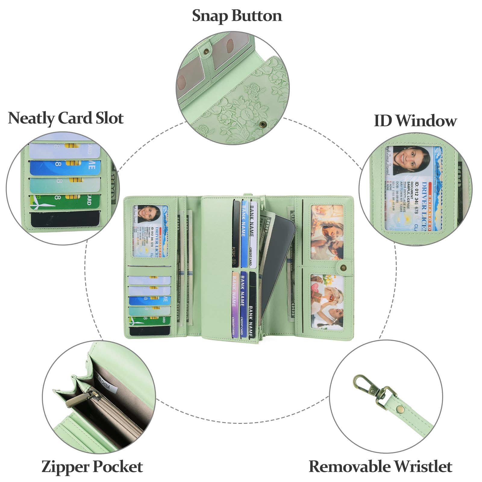 GAEKEAO Portafoglio Donna Grande con Stampa Floreale, Porta Carte in PU-Pelle, Portafogli Triplo con Polsino Rimovibile, Grande Capacità Pochette da Polso Donna con Protezione RFID, Clutch