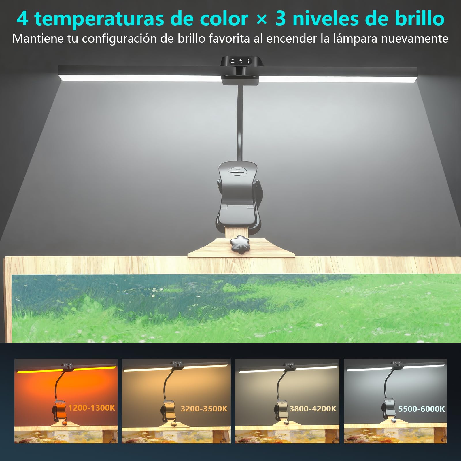 Lámpara de Pinza para Caballete Pintura Inalámbrica Recargable, 64 Ledes, 4 Temperaturas Color y 3 Niveles Brillo, Lámpara Escritorio Inalámbrica para Artista Pintura Dibujo Control Táctil