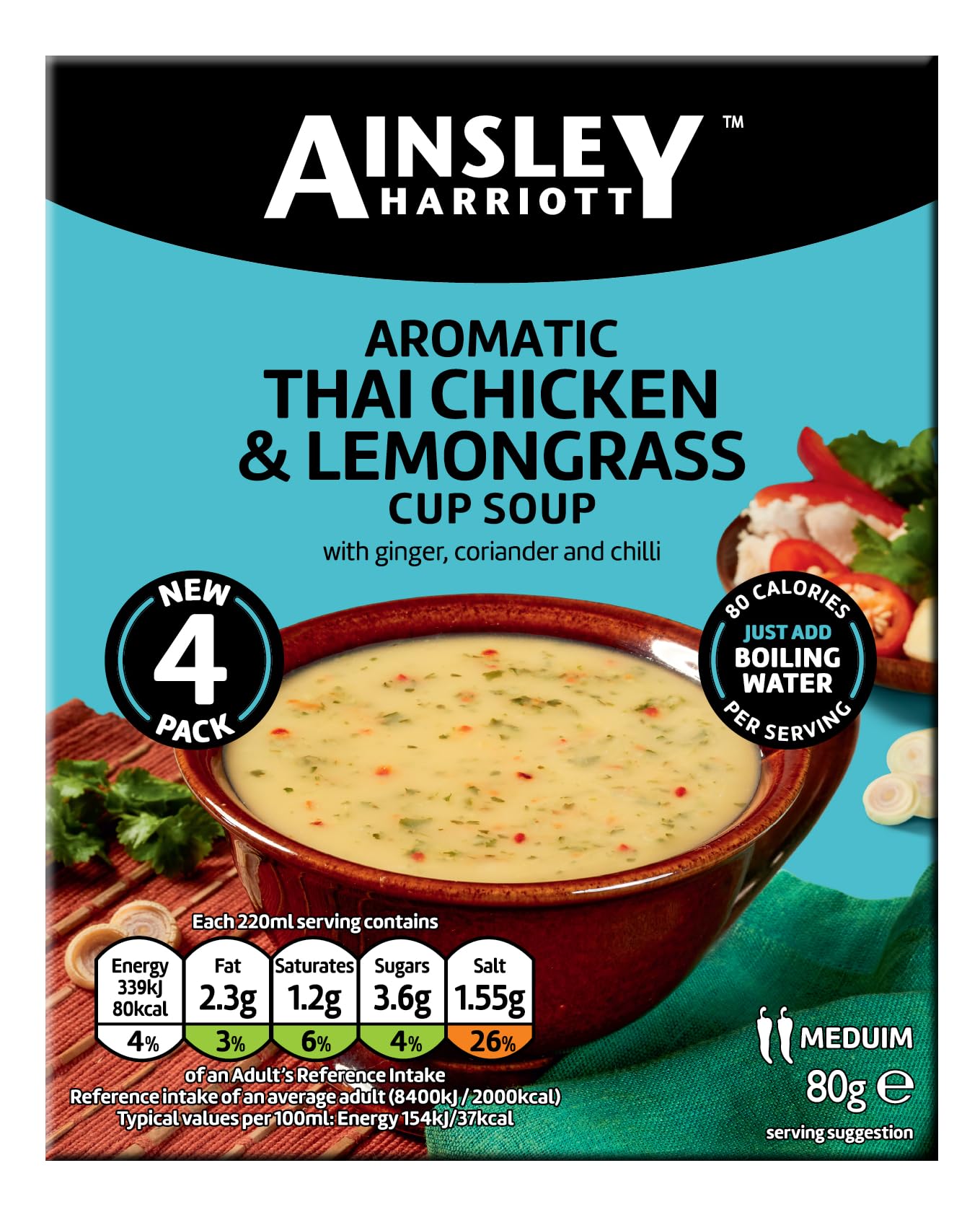 Ainsley Harriott Thai Chicken & Lemongrass Cup Soup 32x80g sachets, Quick & Convenient Instant Soup, Quick Snack or Meal Alternative, Bulk Pack Multipack
