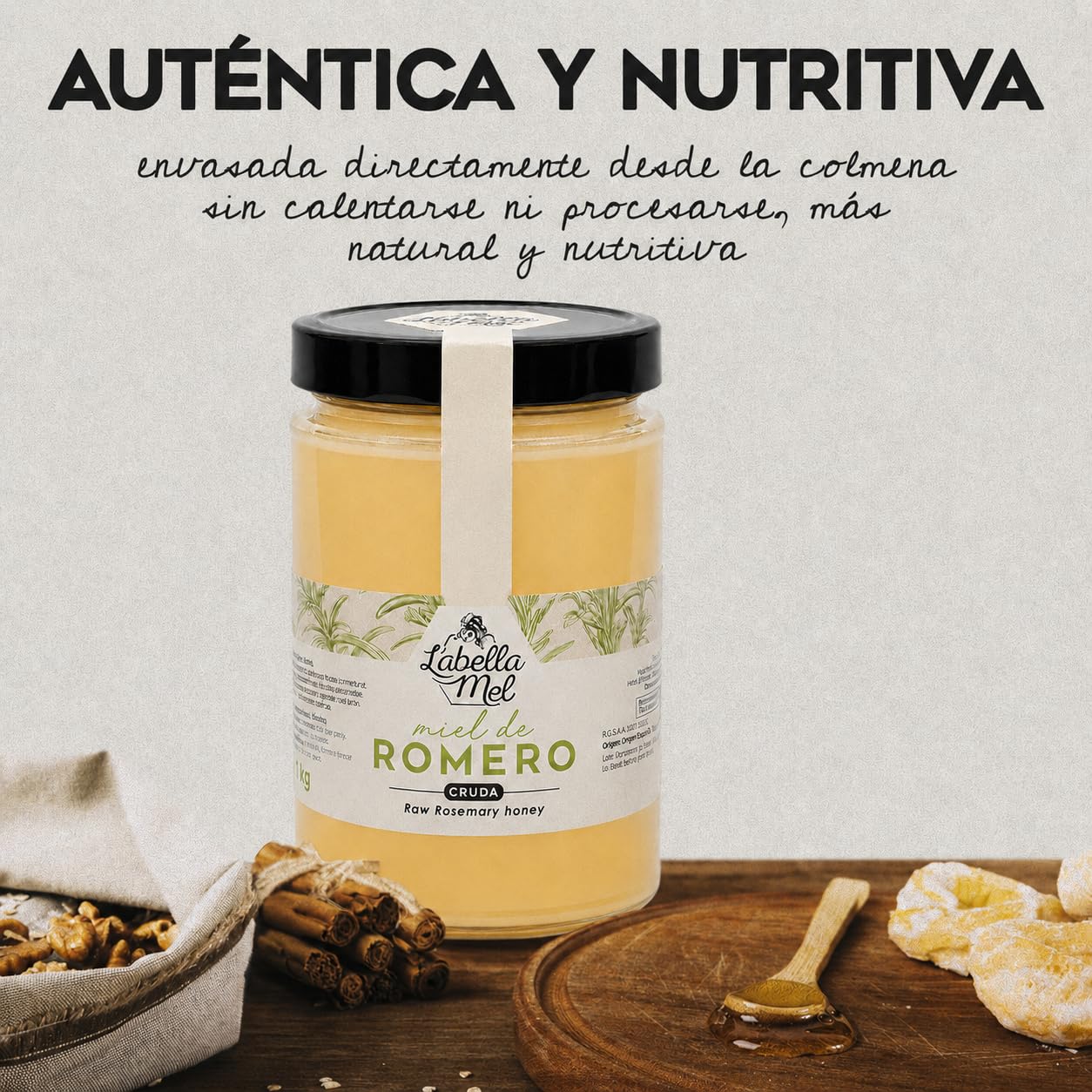 L'Abella Mel | Miel Cruda de Romero 100% Natural | Miel Pura de Abeja Española Sin Pasteurizar Sin Filtrar | Recolección Manual | Apicultura Familiar Directa del Apicultor | 1 kg