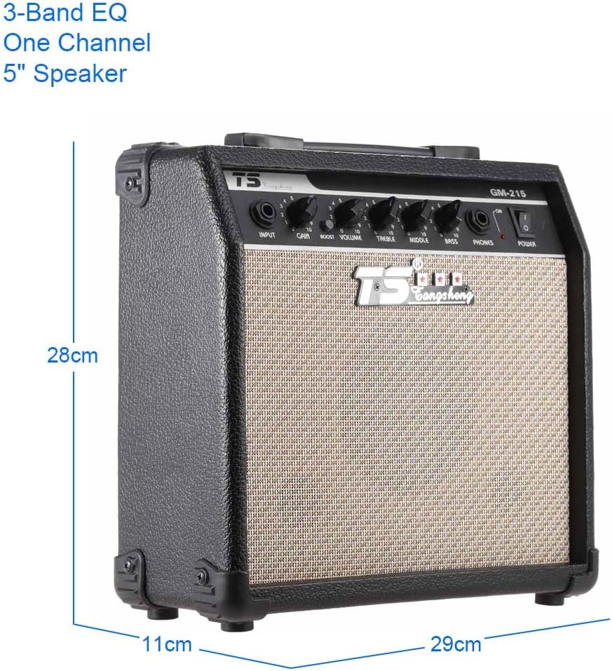 Image showing the dimensions of the ADBEN GM-215 amplifier: 29cm length, 28cm height, 11cm depth.