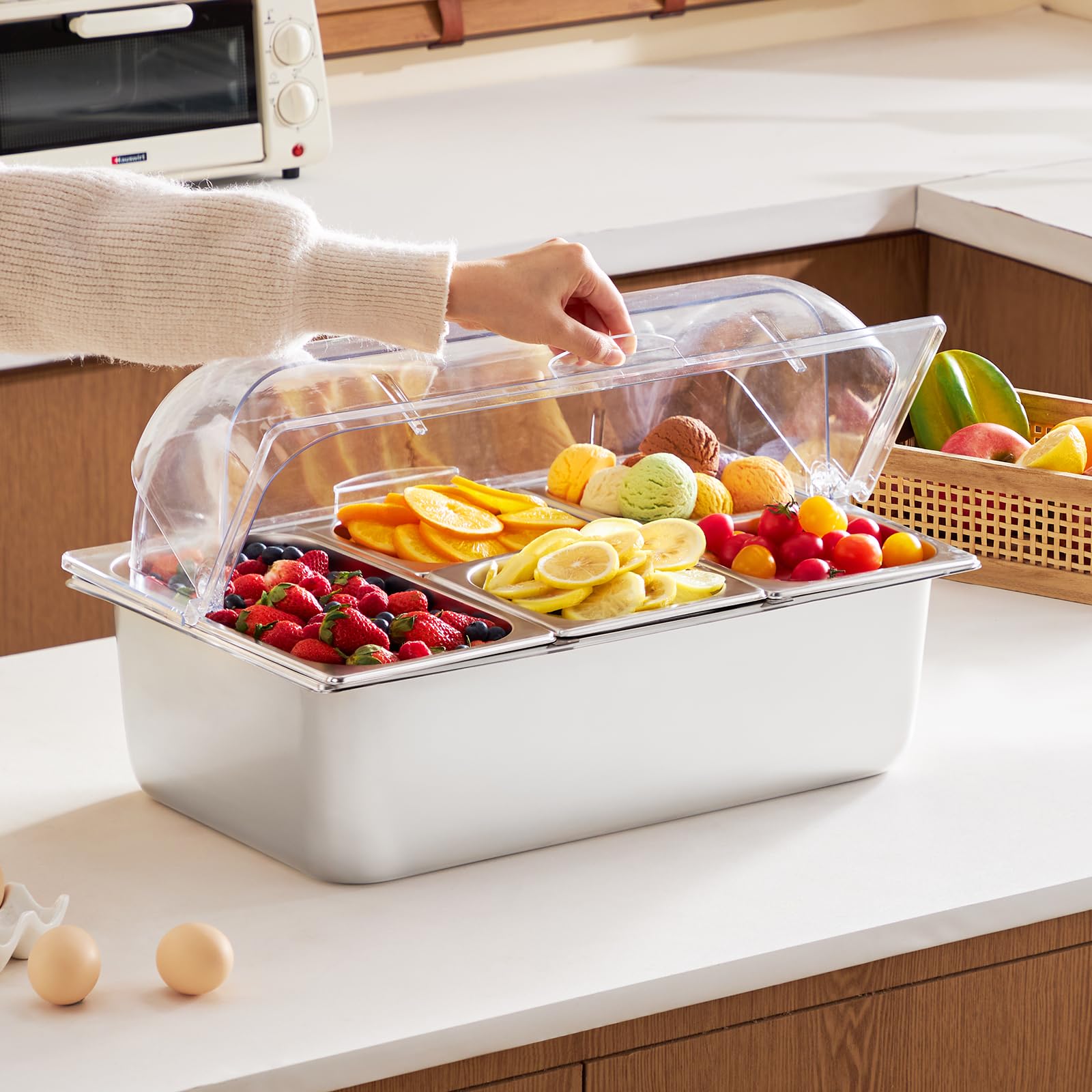 VEVOR Saladette Réfrigérée à Poser avec 5 Plateaux de Service en Acier Inoxydable, Vitrine Réfrigérée Comptoir avec Couvercles Transparents et 3 Bacs à Glaçons, pour Restaurant Hôtel Cuisine Fête