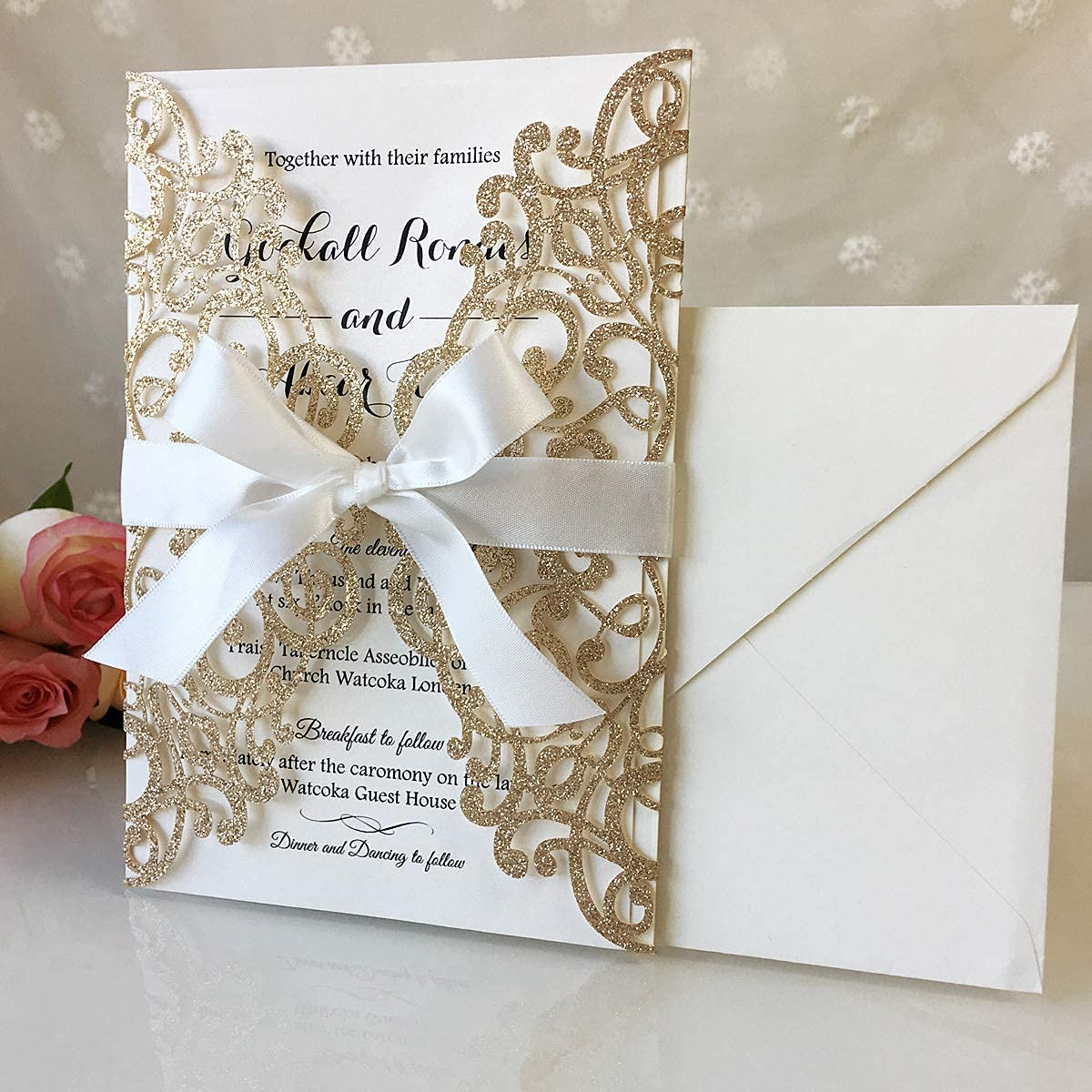 KUCHYNEE 5.12x7.28 Inch 20PCS Blank Gold Glitter Wedding Invitations Kit Laser Cut Hollow Flora Pocket Quinceanera Invitation Cards with Envelopes for Wedding Birthday Invite